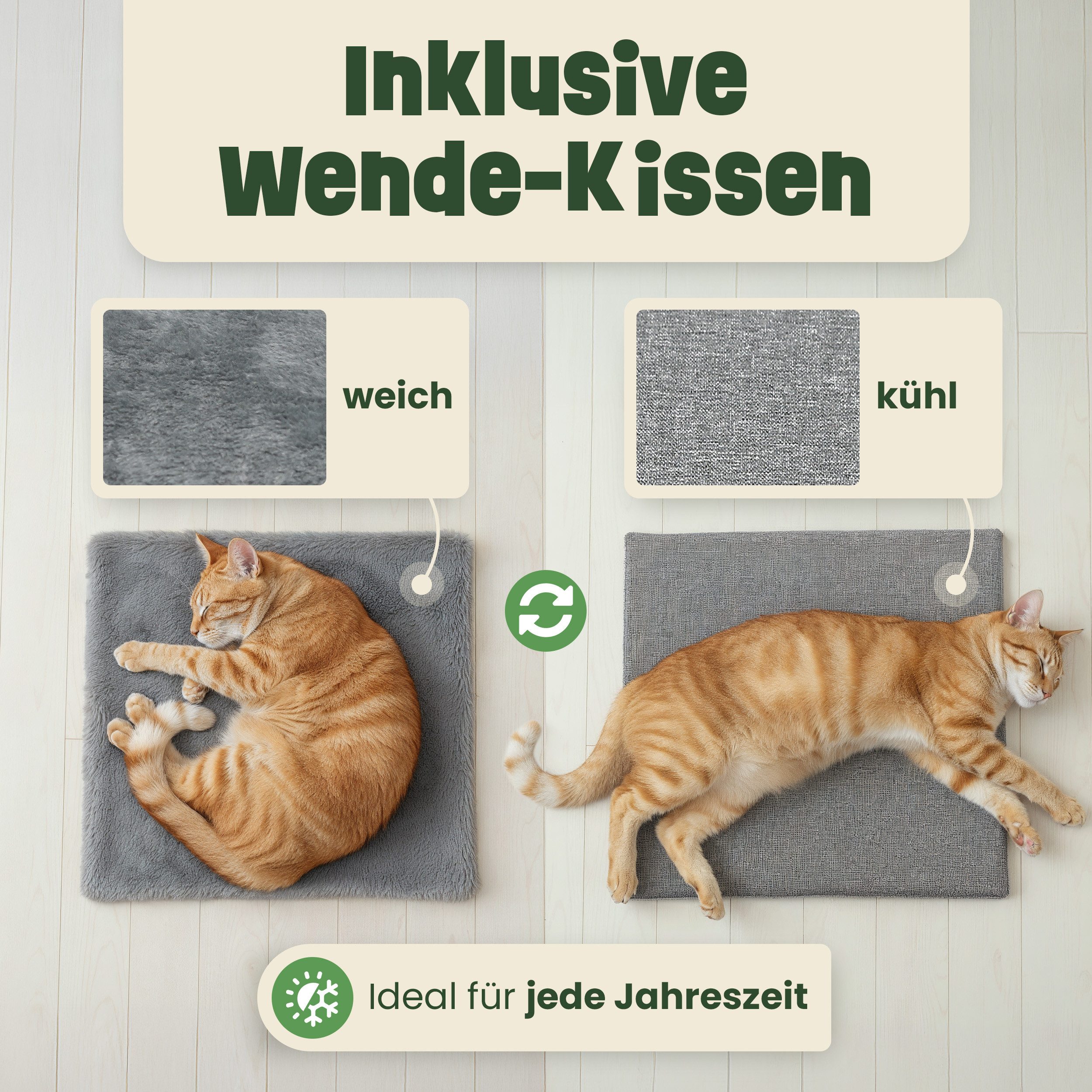 Zooprinz Katzenhaus Katzenhöhle Simba mit Kratzfläche und Wendekissen, faltbar, 36,5 × 36,5 × 36,5 cm, Anti-Rutsch-Boden, Leinenstoff, Grau
