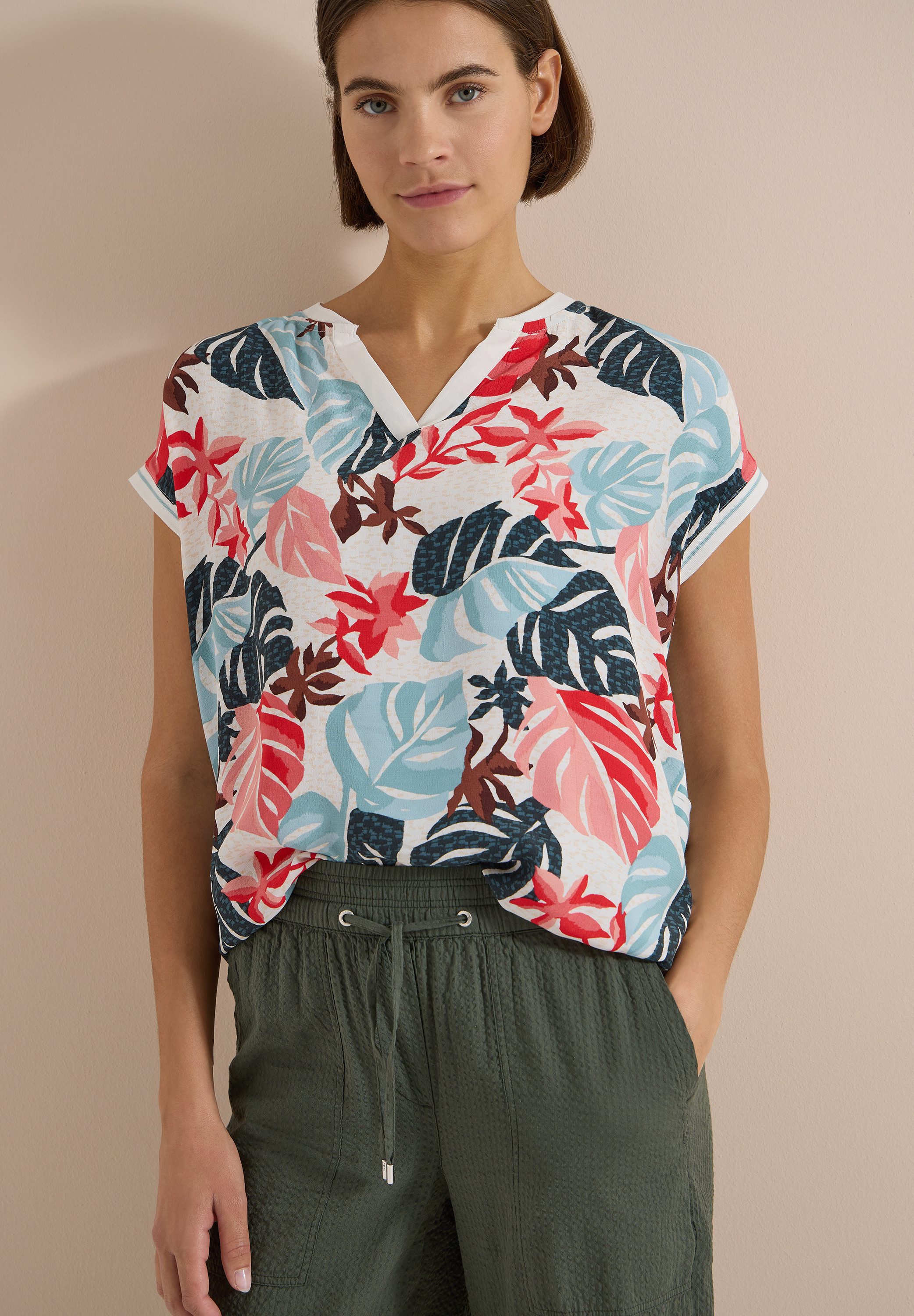 CECIL Shirtbluse Sommershirt mit Split Neck und Printmix