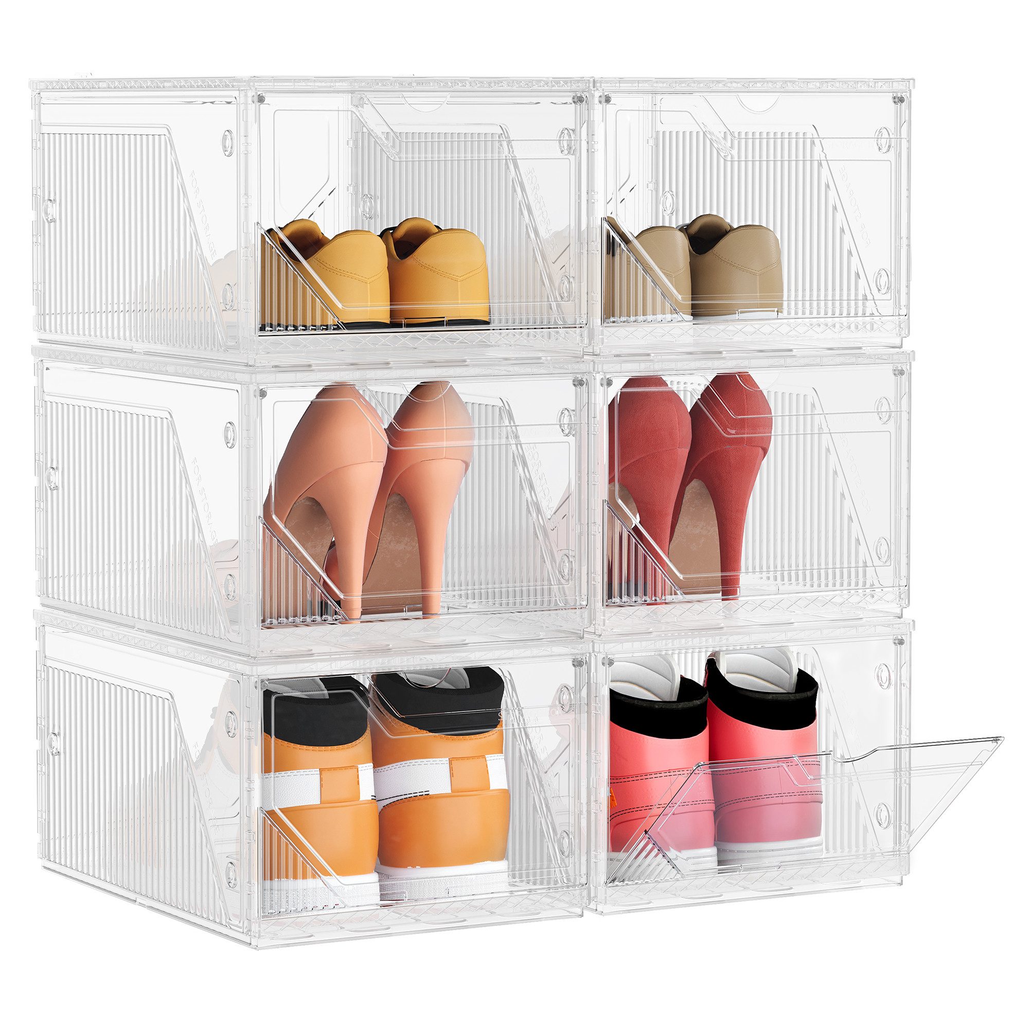 SONGMICS Schuhbox stapelbar quer und längs, aus Kunststoff, Magnettverschluss, (6 St), Schuhboxen 6er Set, bis Größe 46, weiß