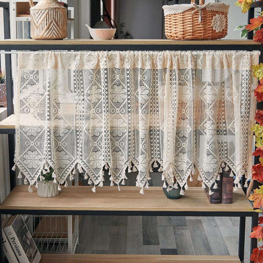 Agger Scheibengardine Französischer Spitzen-Türvorhang,Stangendurchzug, halbtransparent, maschinenwaschbar,für Schlafzimmer und Küche, Schrankdekoration – Bild 4 von 5