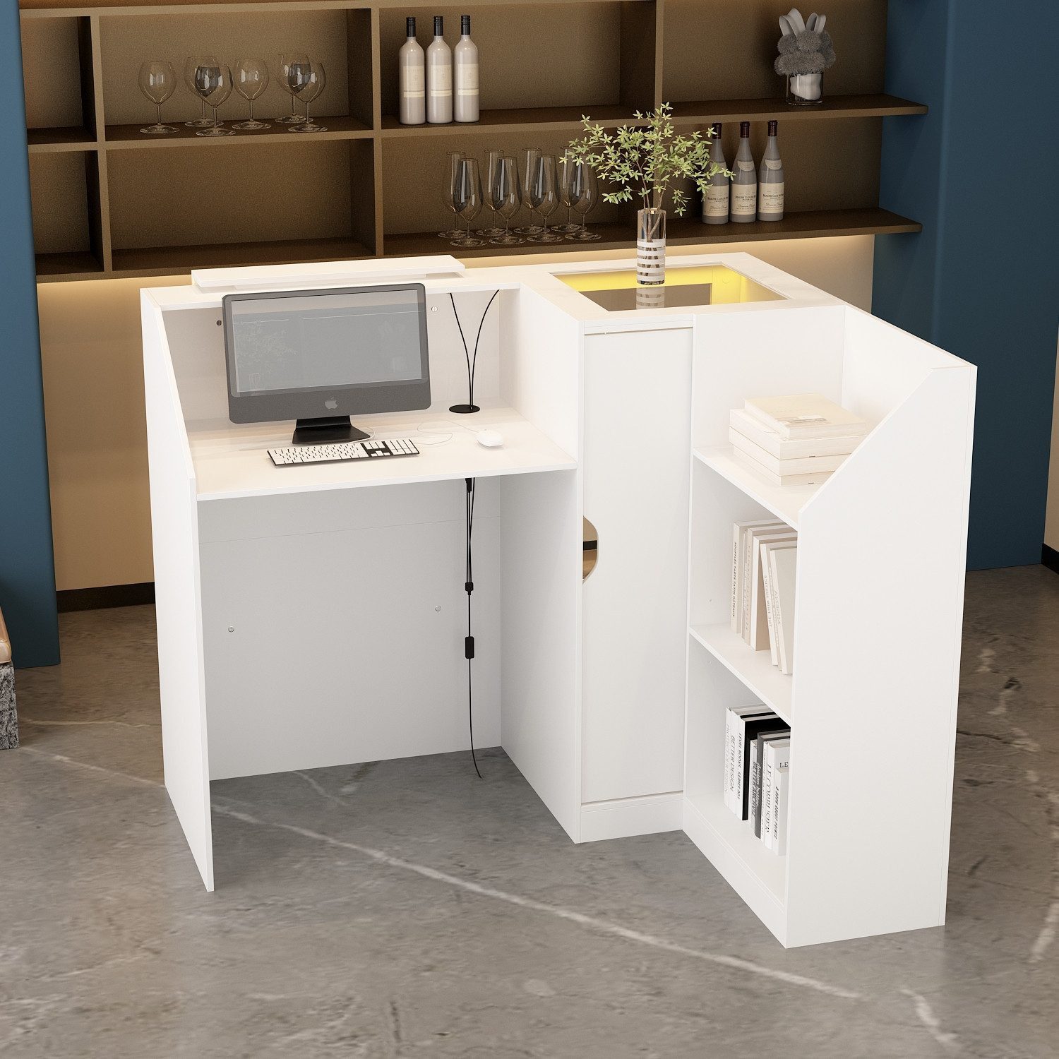 FUFU&GAGA Empfangstheke mit Tastaturschublade und 2 Schränken, Lichtleisten, 120 x 122 x102 cm