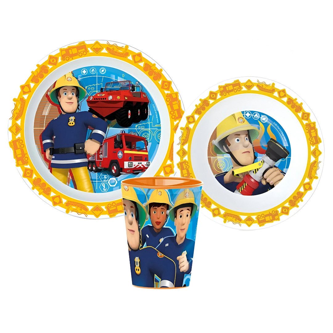 Fireman Sam Kindergeschirr-Set Feuerwehrmann Sam Kinder Geschirr-Set Becher Teller Schüssel (3-tlg), 1 Personen, BPA-Frei