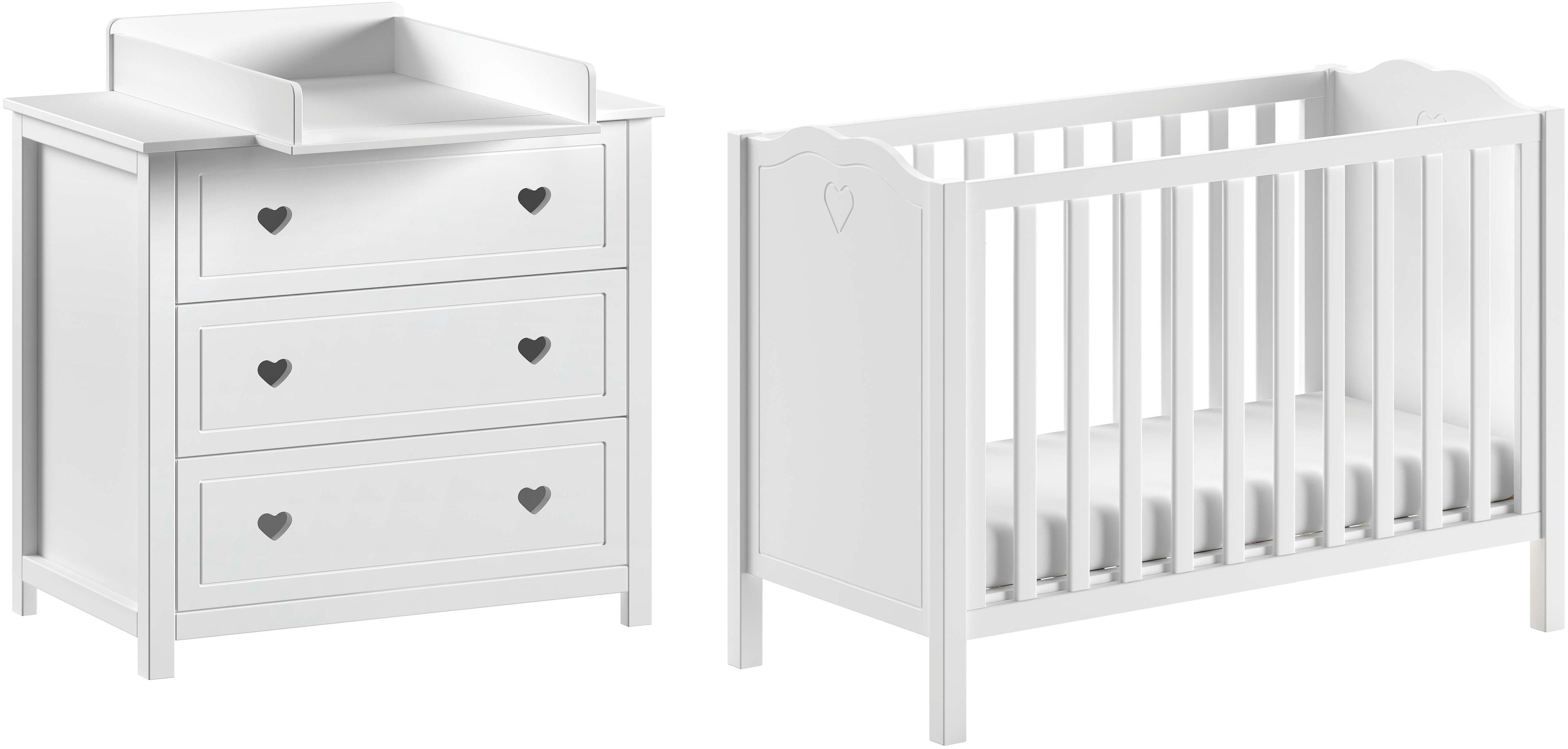 Vipack Babyzimmer-Komplettset Amori 3-tlg. mit Herz-Ornamenten, MDF/Massiv weiß lackiert, (3-tlg)