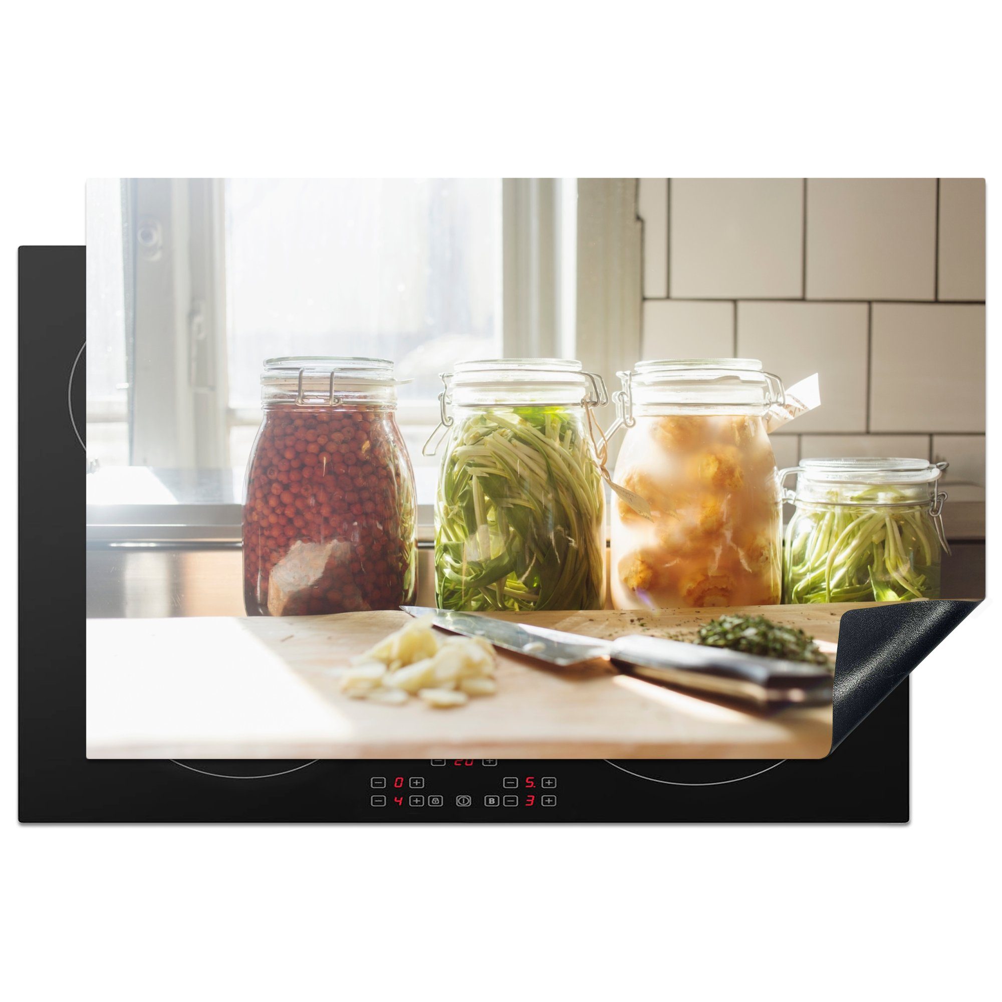 MuchoWow Herdblende-/Abdeckplatte Küche mit Gemüse in einem Weckglas, Vinyl, (1 tlg), 81x52 cm, Induktionskochfeld Schutz für die küche, Ceranfeldabdeckung