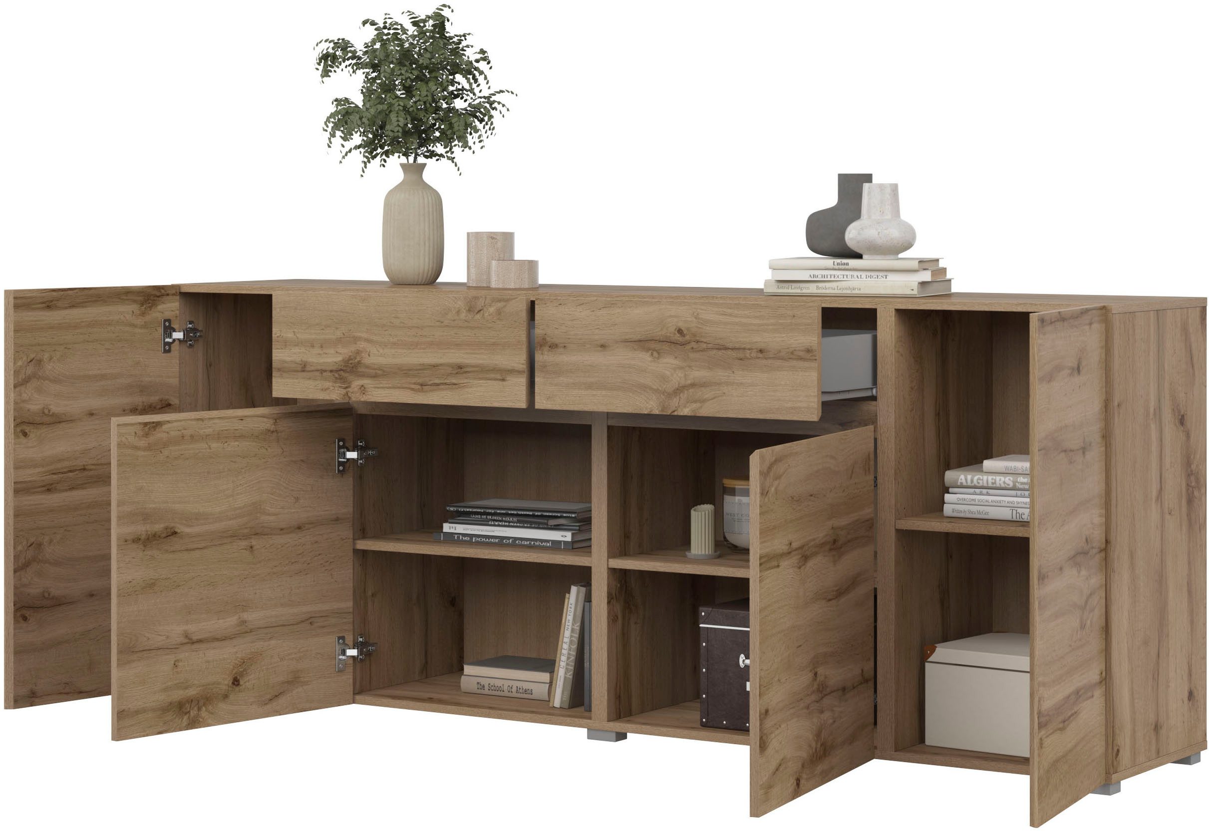 OTTO home Sideboard Metric,Breite 195 cm, grifflose Kommode 4 Türen/2 Schubkästen, Schubladenschrank mit viel Stauraum, Einlegeböden verstellbar