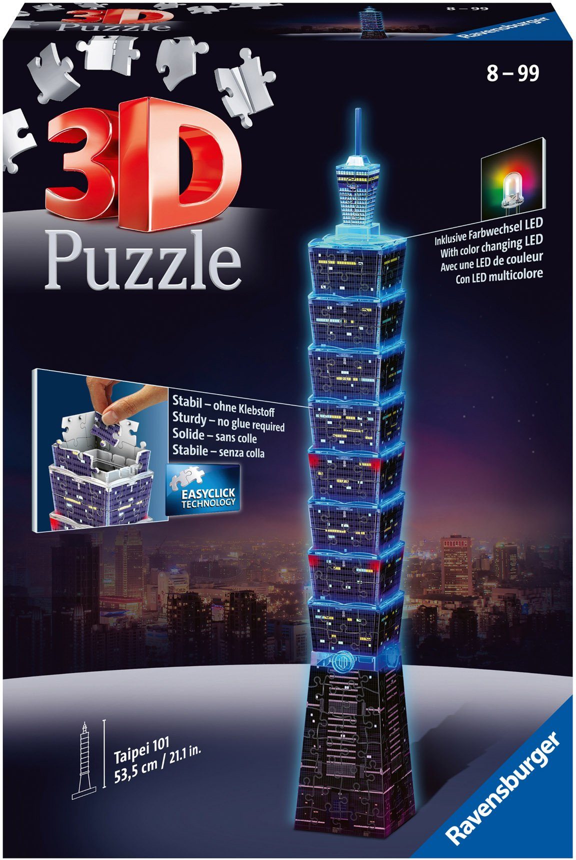 Ravensburger schützt FSC® - - bei LEDs; Taipei 101 Farbwechsel weltweit mit Nacht, Europe, Puzzleteile, 216 Made in Wald 3D-Puzzle