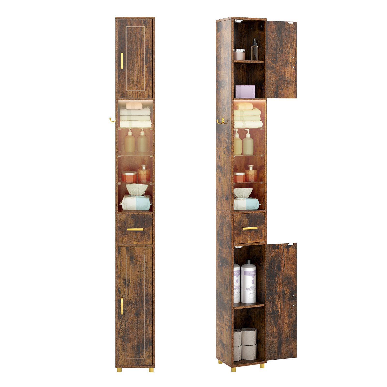 COSTWAY Badkommode, Hochschrank Bad mit Beleuchtung schmal 20x20x181cm