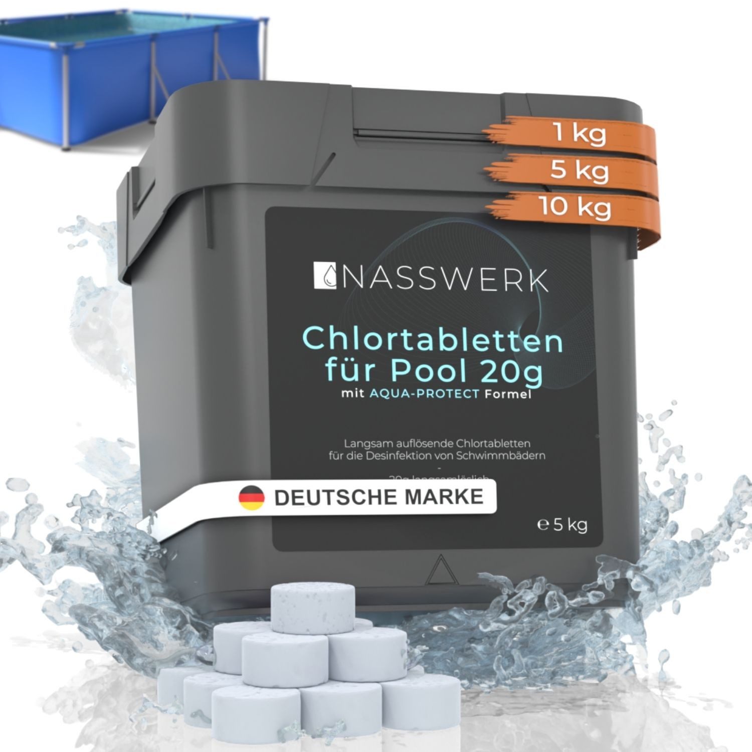 Nasswerk® Chlortabletten Chlortabs - 20g langsamlöslich, 20g Chlortabletten 1kg – Langzeit Tabs für kleine Pools & Whirlpools