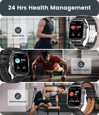 Lige Smartwatch (1,96 Zoll, Android iOS), für Herren mit Telefonfunktion Militär Touchscreen 400mAh Fitnessuhr