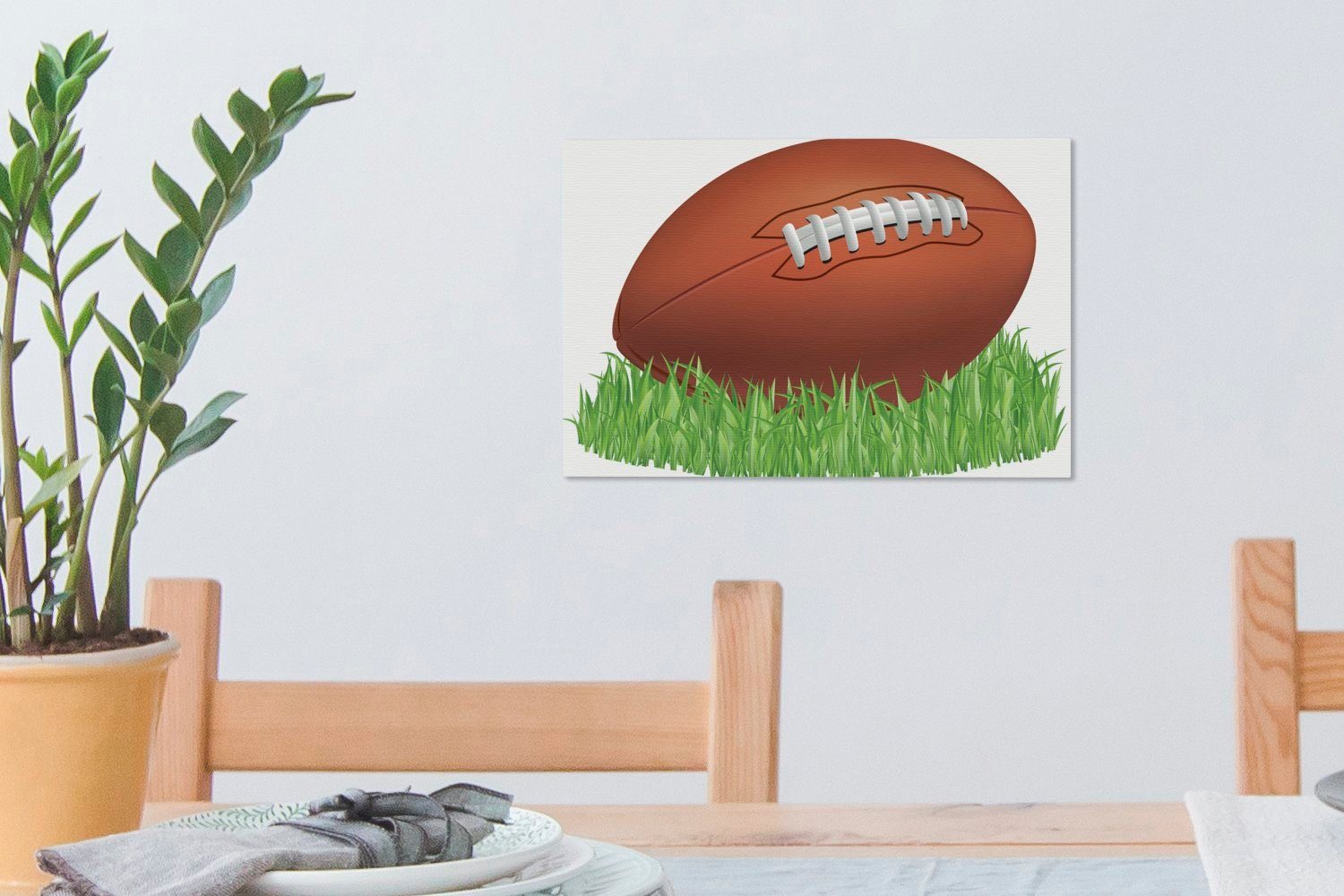 (1 OneMillionCanvasses® cm Leinwandbilder, Eine Illustration Wandbild Rugbyballs Aufhängefertig, Leinwandbild Gras, 30x20 eines Wanddeko, im St),