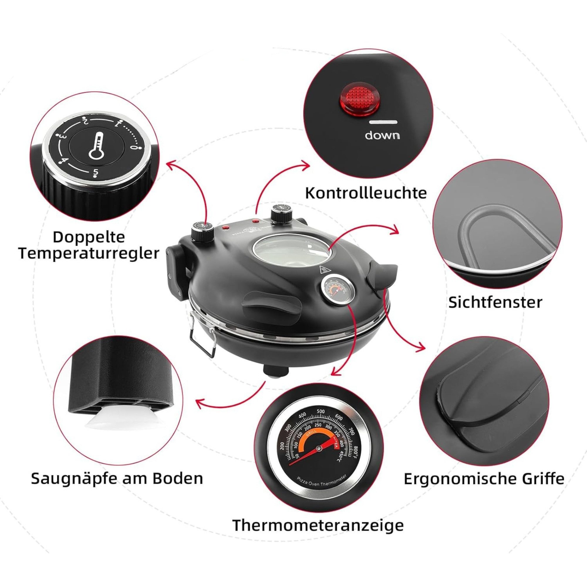 Athlix Pizzaofen Elektrischer Pizzaofen 420 °C, Keramik-Pizzastein für Zuhause, 31 cm, 1200 W, regelbare Ober- und Unterhitze