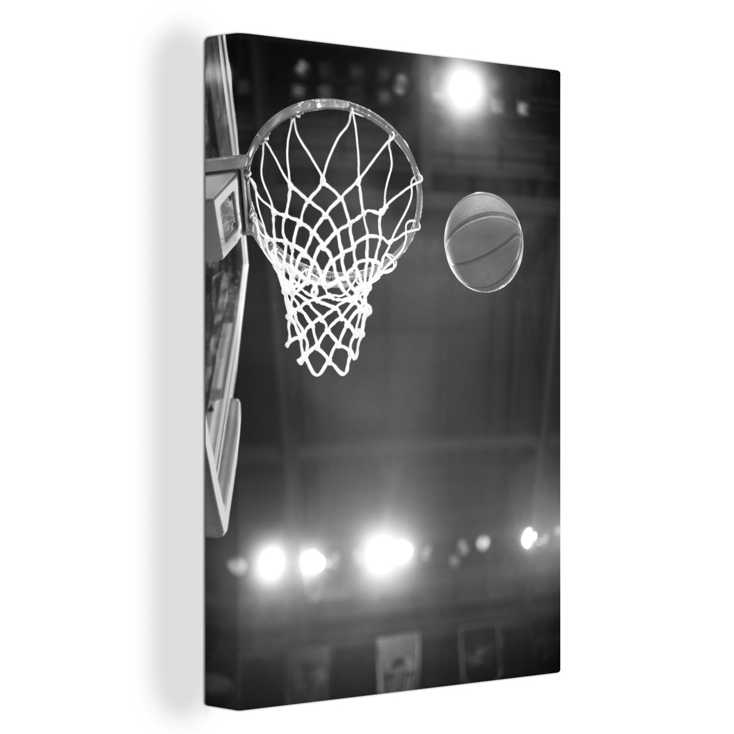OneMillionCanvasses® Leinwandbild Der Basketball geht in Richtung Korb - schwarz und weiß, (1 St), Leinwandbild fertig bespannt inkl. Zackenaufhänger, Gemälde, 20x30 cm