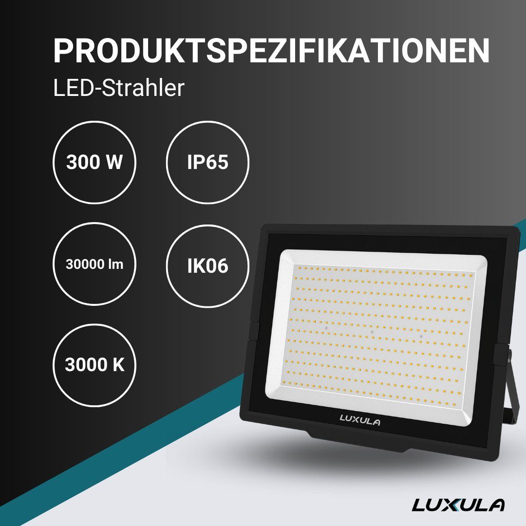 LUXULA LED Flutlichtstrahler LED-Fluter, 300 W, warm- & neutralweiß, 30000 lm, schwarz, IP65, LED fest integriert, warmweiß, neutralweiß