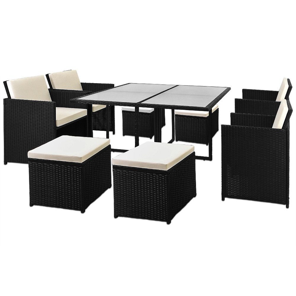 Casaria Sitzgruppe Cube, 7cm Stühle 4 4 Polyrattan 120x120cm Tisch Auflagen Draußen Hocker