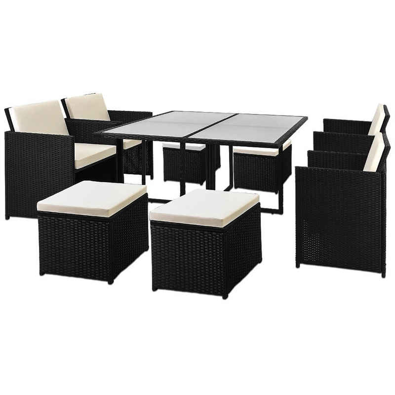 Casaria Sitzgruppe Cube, Polyrattan Tisch 120x120cm 4 Stühle 4 Hocker 7cm Auflagen Draußen