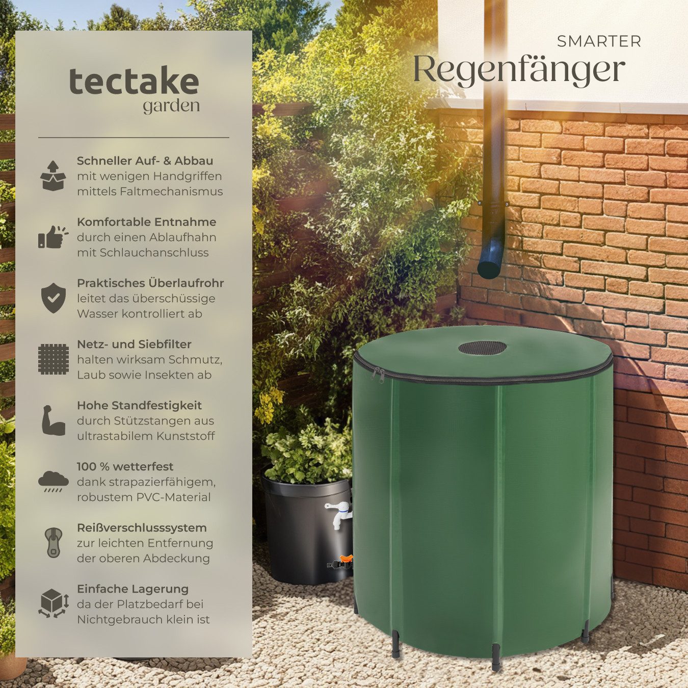 tectake Regentonne Faltbare Wassertonne mit abnehmbarer Oberseite und Überlaufschutz, 500 l, (Regenwassertank, in grün), wetterbeständig, mit Wasserhahn und praktischem Wassereinlassgitter