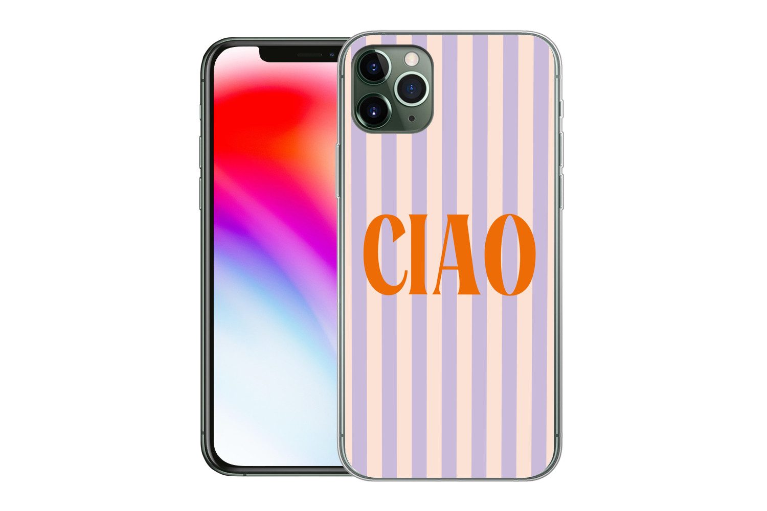 MuchoWow Handyhülle für Apple iPhone 11 Pro Max Ciao - Zitat - Pastell - Streifen, Smartphone-Bumper, Print, Handy Schutzhülle Dünn