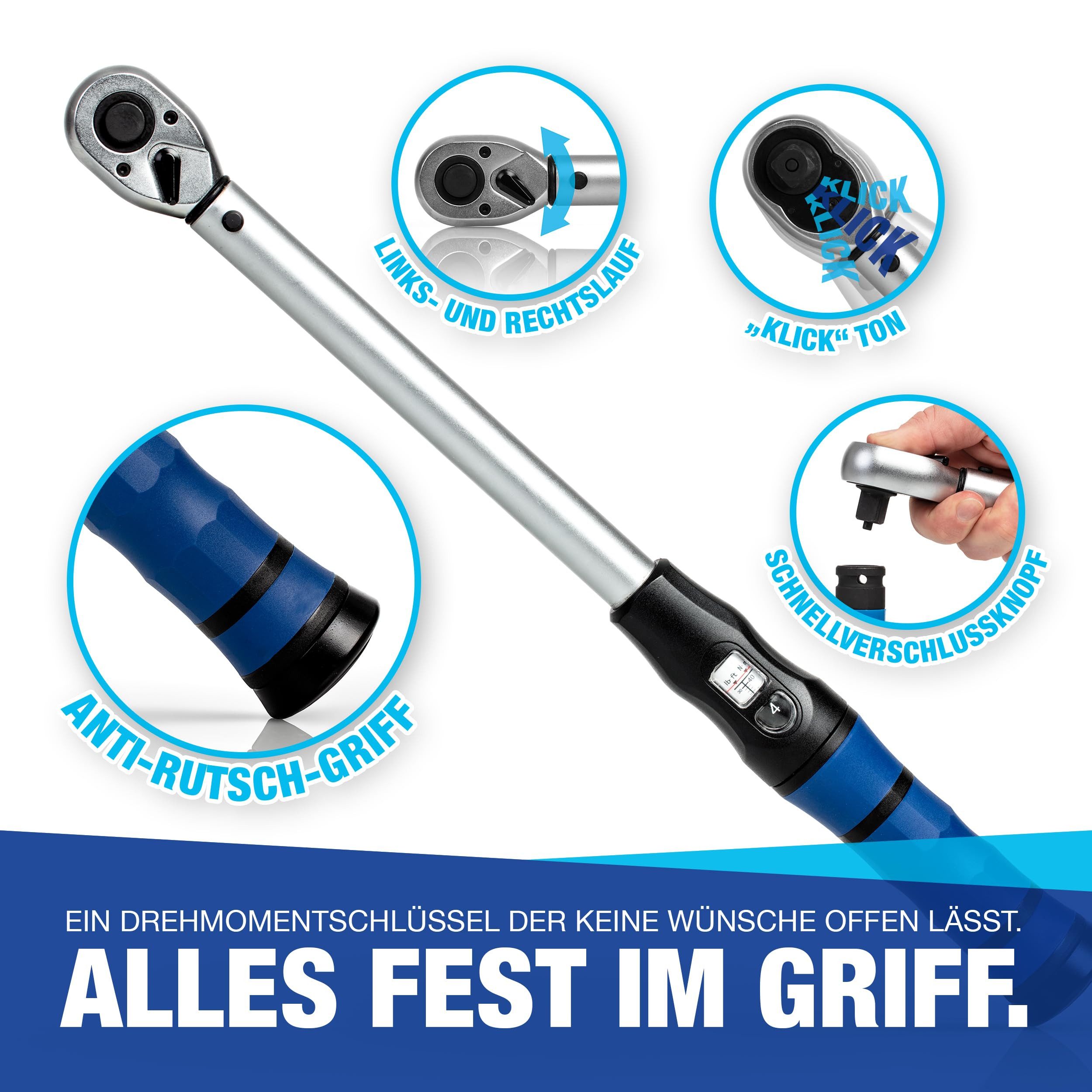 NTG Nutzfahrzeug Technik GmbH Drehmomentschlüssel 1/2" Zoll 40-210Nm + Schonnüsse für Alufelgen SET + Koffer