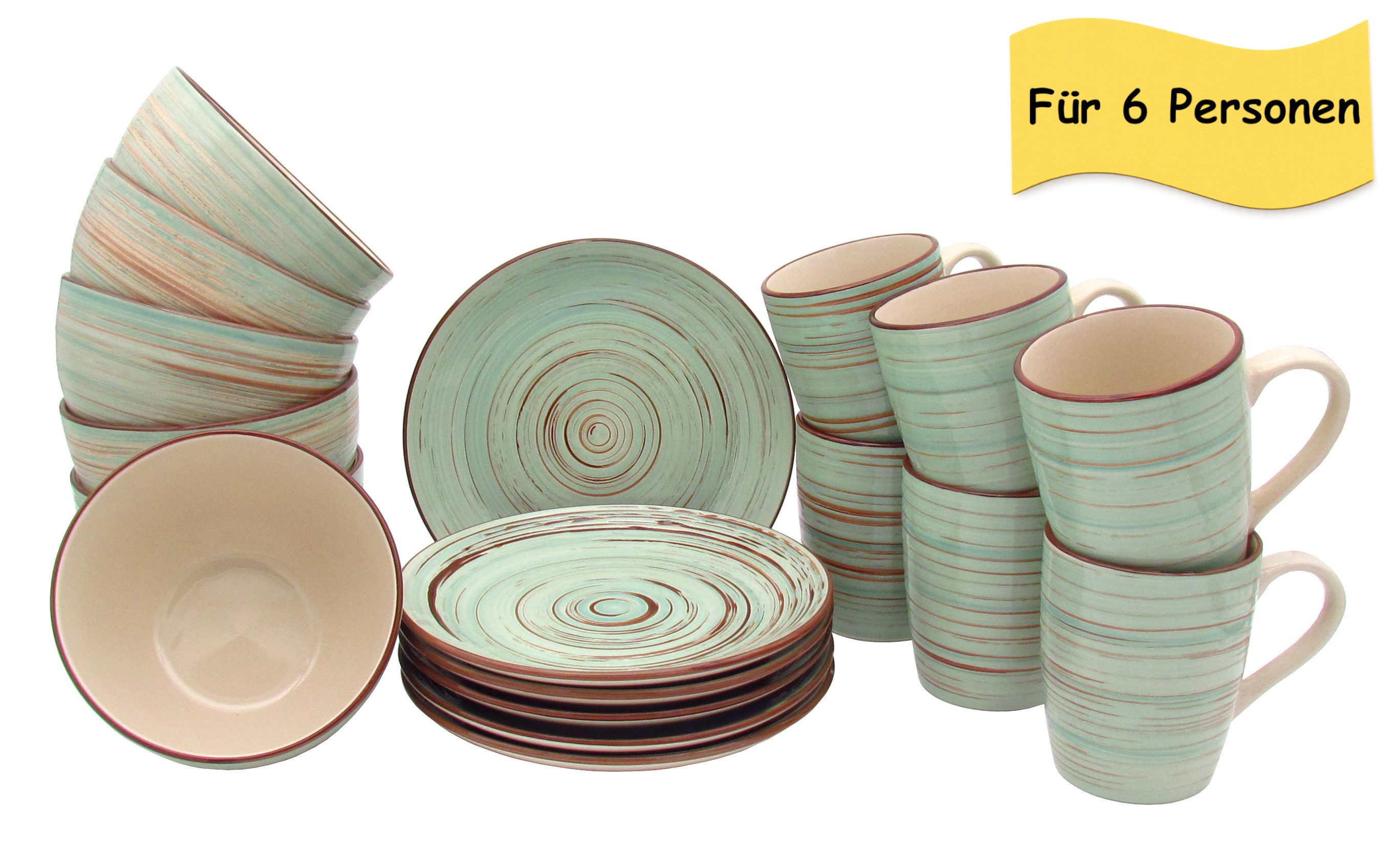 steinwohn Frühstücks-Geschirrset Keramik Frühstücks-Service 12-/18-teilig für 4 oder 6 Personen (18-tlg), Vintage Look, Spülmaschinen- & Mikrowellengeeignet