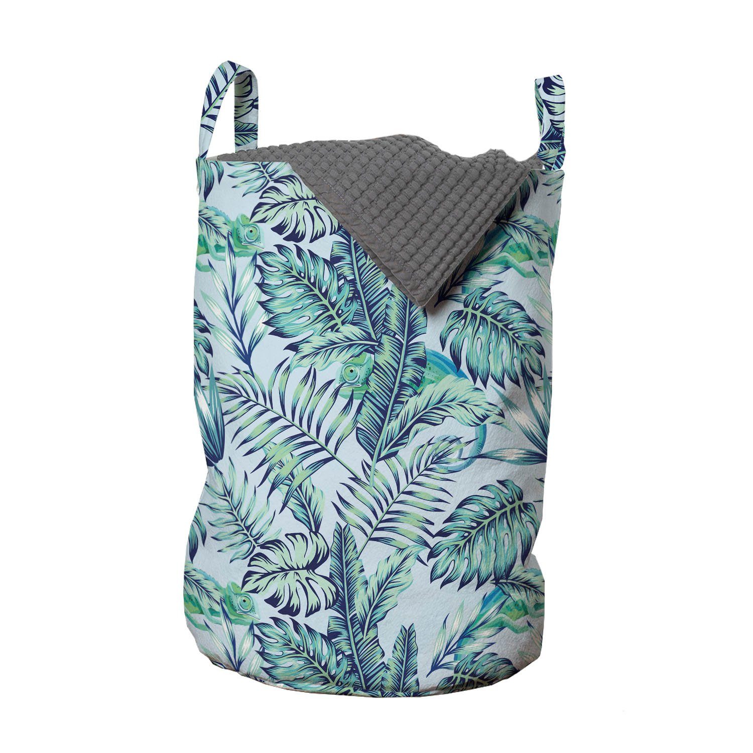 Abakuhaus Wäschesäckchen Wäschekorb mit Griffen Kordelzugverschluss für Waschsalons, Exotisch Chamäleon auf Tropic Blätter
