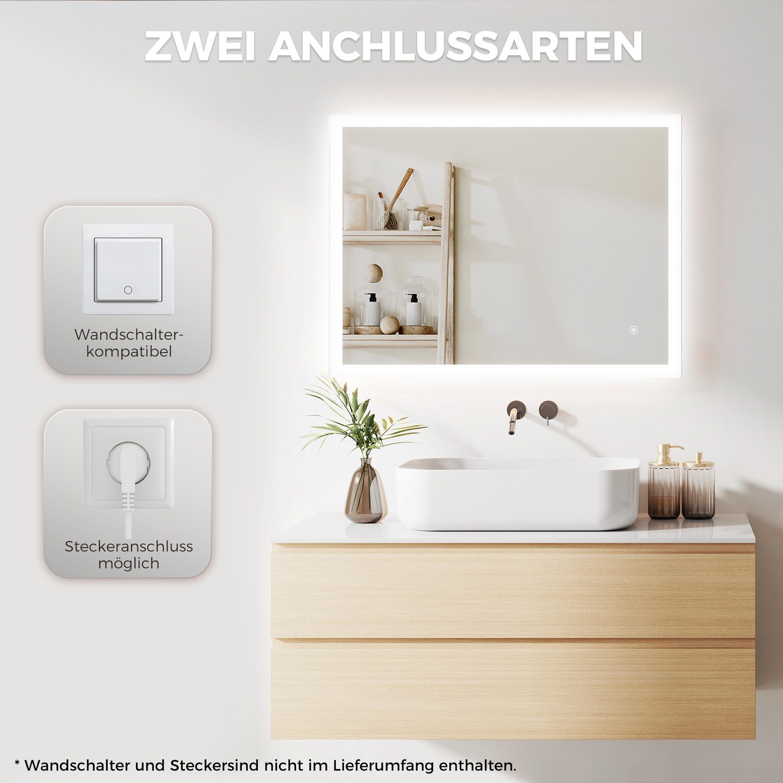 IMPTS Badspiegel mit LED Beleuchtung Badezimmerspiegel rahmenlos Rechteckig Wandspiegel (Vertikal und Horizontal möglich, IP44), LED Bad Spiegel mit Dimmbar Spe – Bild 4 von 5