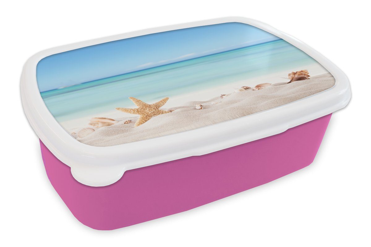 - rosa Lunchbox für Snackbox, Brotdose - Seesterne, Muscheln Meer - Brotbox MuchoWow Kunststoff, Strand (2-tlg), Mädchen, Kunststoff Kinder, Erwachsene,