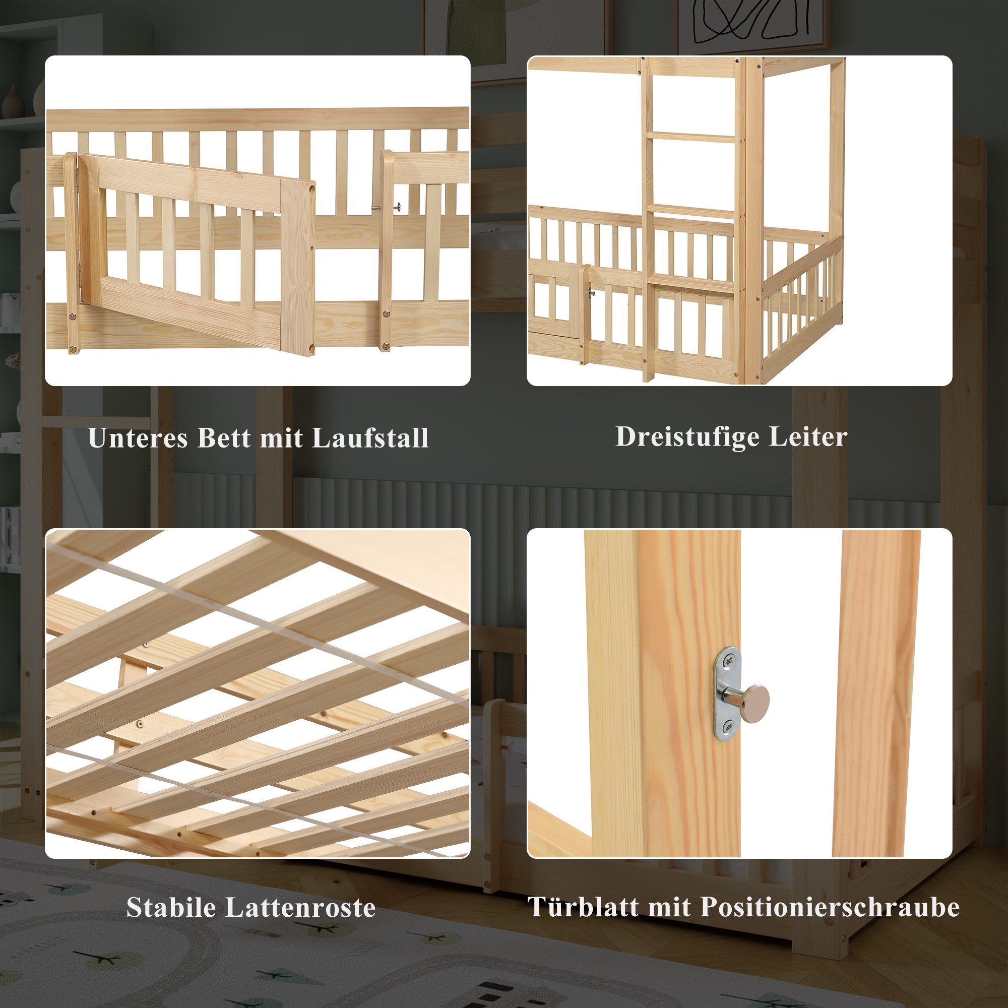Flieks Etagenbett (mit rechtwinkliger Leiter, Zäune und Tür), Hochbett Kiefernholz Kinderbett mit oberem Lattenrost 90*200cm