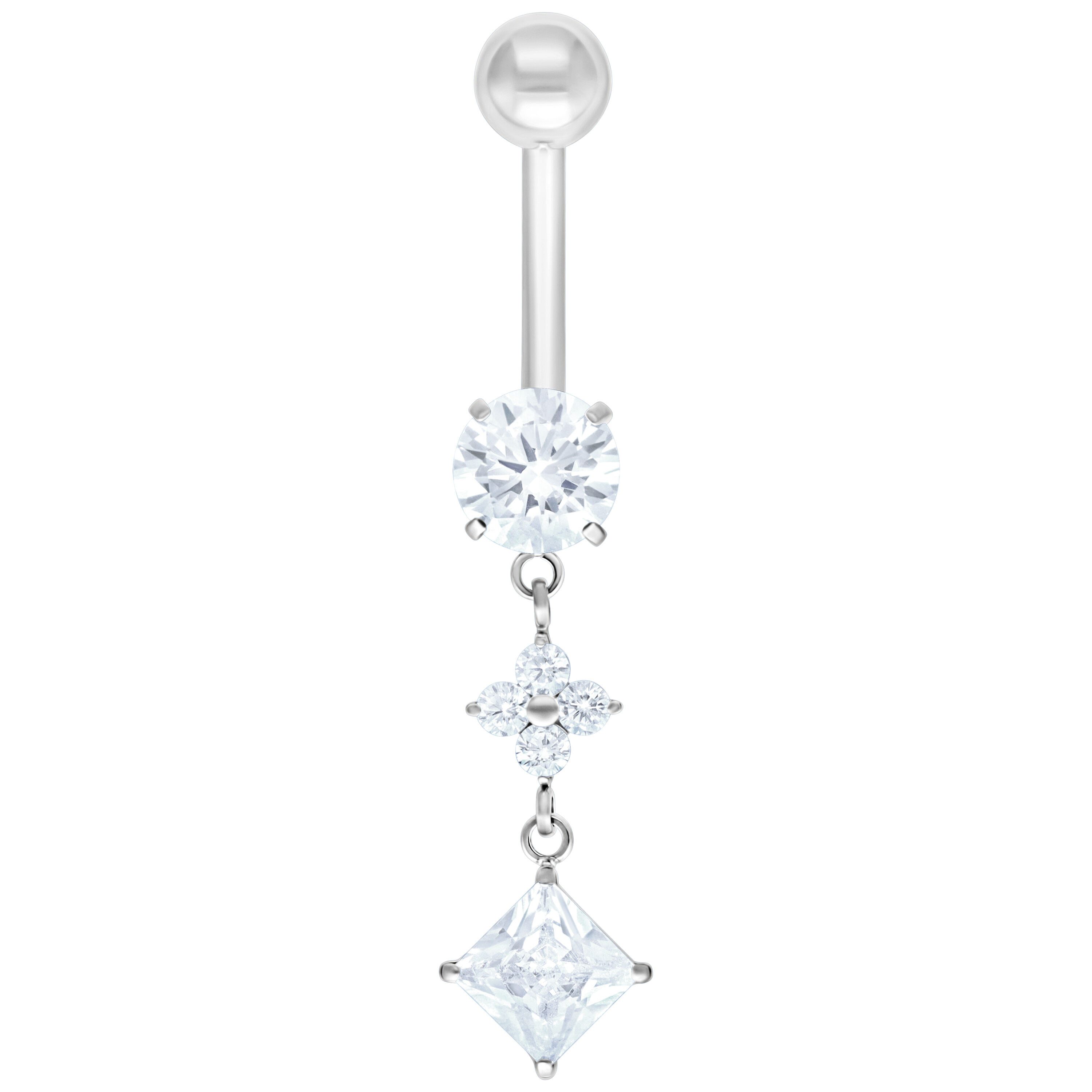 Wildcat Bauchnabelpiercing Dangling Varied Crystal Bananabell für Bauchnabel, 1 Stück, Titan Grad 23 - wasserfest, hautverträglich, Silber-Kristallklar