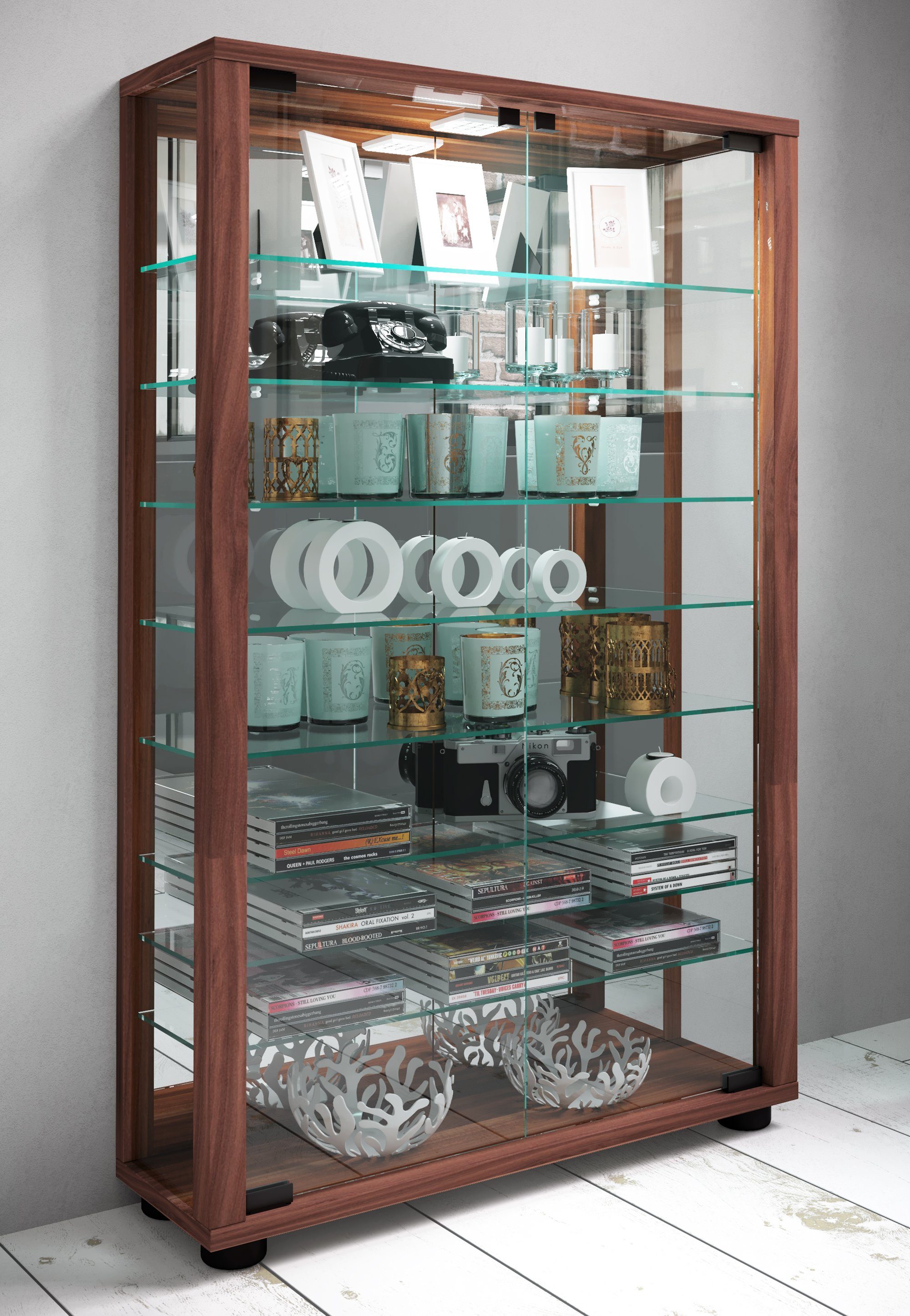 VCM Standvitrine Glasvitrine Lumo mit Glastüren, Spiegel und Glasvitrine stehend, Modern und platzsparend, Glasschrank