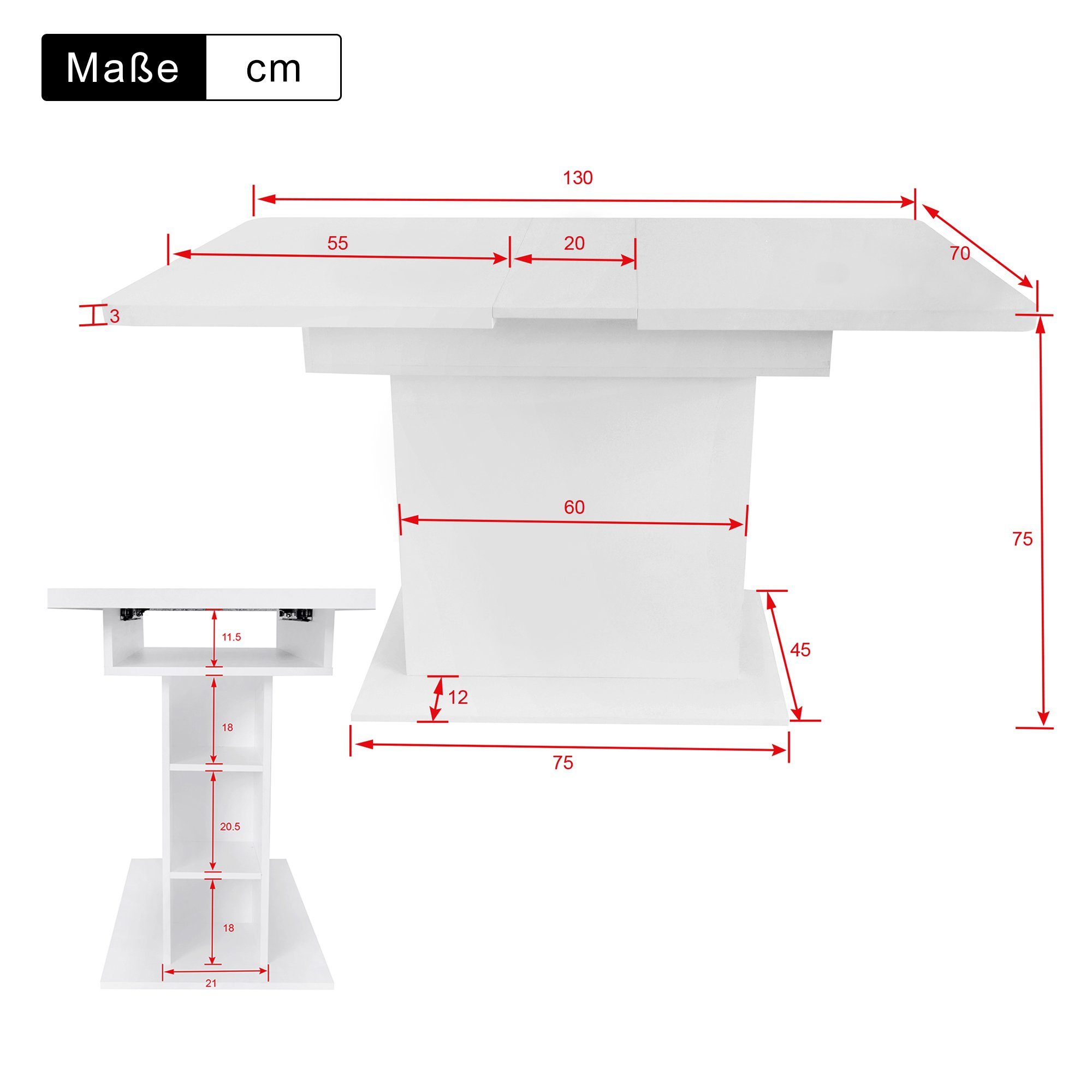 Esstisch Stauraum), rechteckiger Vier Weiß Erweiterbarer Esstisch Freizeittisch 75CM BlingBin mit Esstisch, Fächer, Höhe (1-St.,