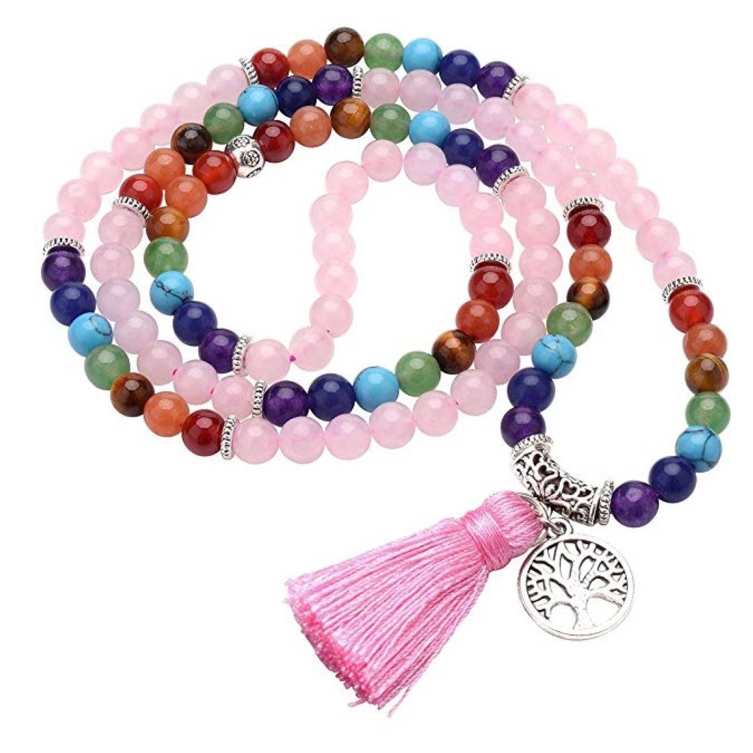 Saraswati Lange Kette Mala "Chakra Lebensbaum" 108 Rosenquarz- und Chakra Edelsteine mit Met