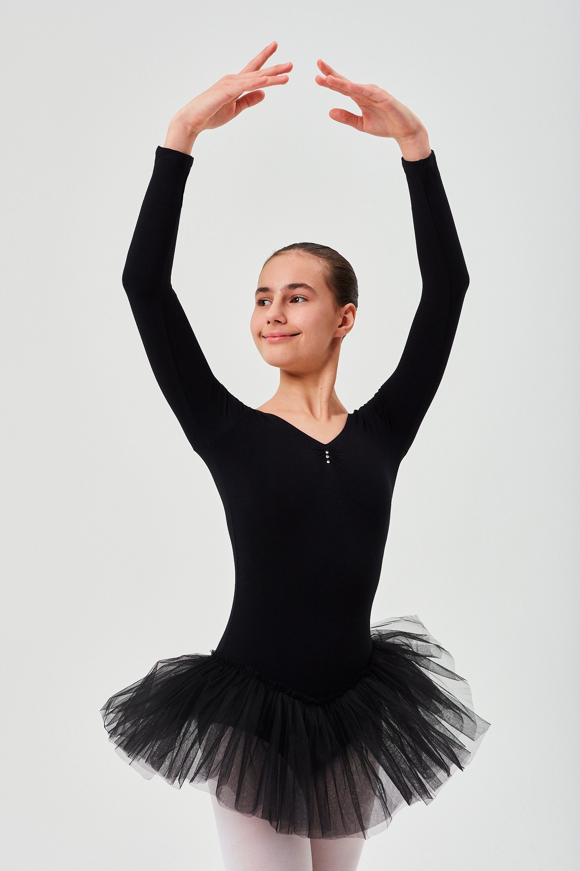 tanzmuster Tüllkleid Ballett Tutu Romy mit Glitzersteinen Langarm Ballettkleid aus weicher Baumwolle mit Tüllrock für Mädchen schwarz
