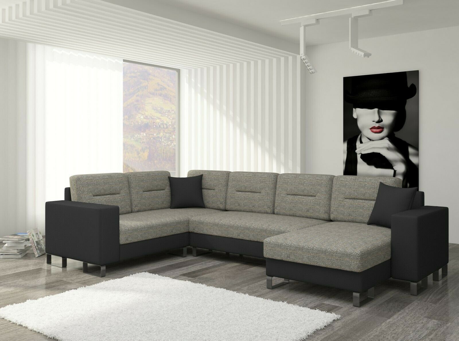 JVmoebel Ecksofa Design Ecksofa Schlafsofa Bettfunktion Couch Leder Polster Textil, Mit Bettfunktion Hellgrau/Dunkelgrau | Ecksofas