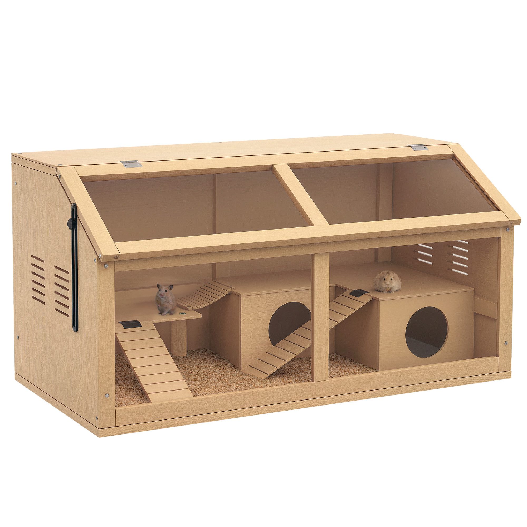 PawHut Kleintierkäfig Hamsterkäfig aus Holz, mit Leitern, naturholz, LxBxH: 85x45x44 cm