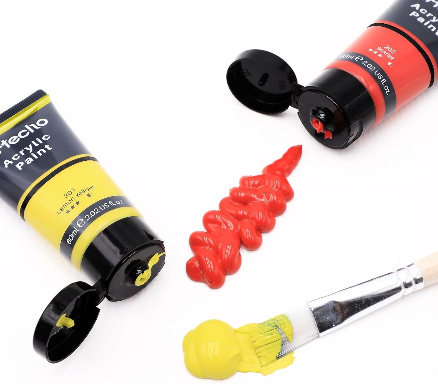 Artecho Acrylfarbe 24 x wasserfesten Acrylfarben, je 60 ml Tuben mit Klappverschluss, für Papier, Ton, Holz, Steine – zum Reisen, Malen & Freude verschenken