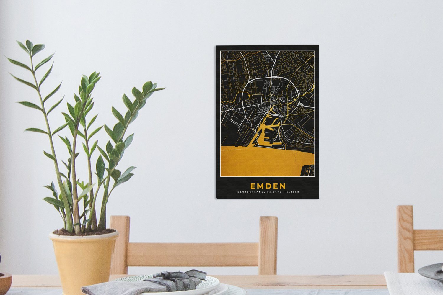 Leinwandbild - Emden, cm - Gold bespannt Leinwandbild - OneMillionCanvasses® (1 fertig St), - Gemälde, Stadtplan Deutschland Karte inkl. 20x30 Zackenaufhänger,