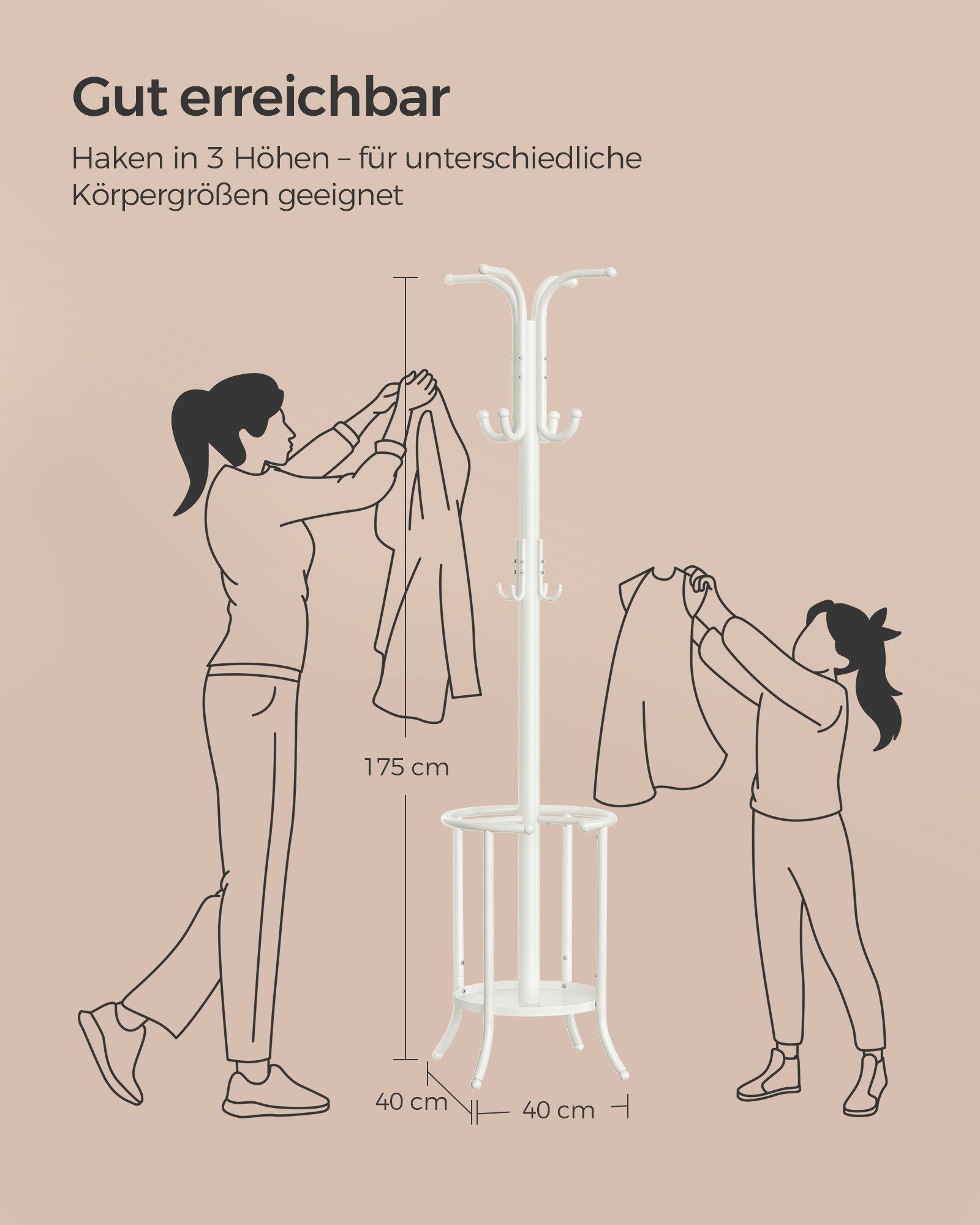 SONGMICS Garderobenständer Kleiderständer, mit Regenschirmständer, 12 Haken, Metall, 175,5 cm hoch – Bild 4 von 5