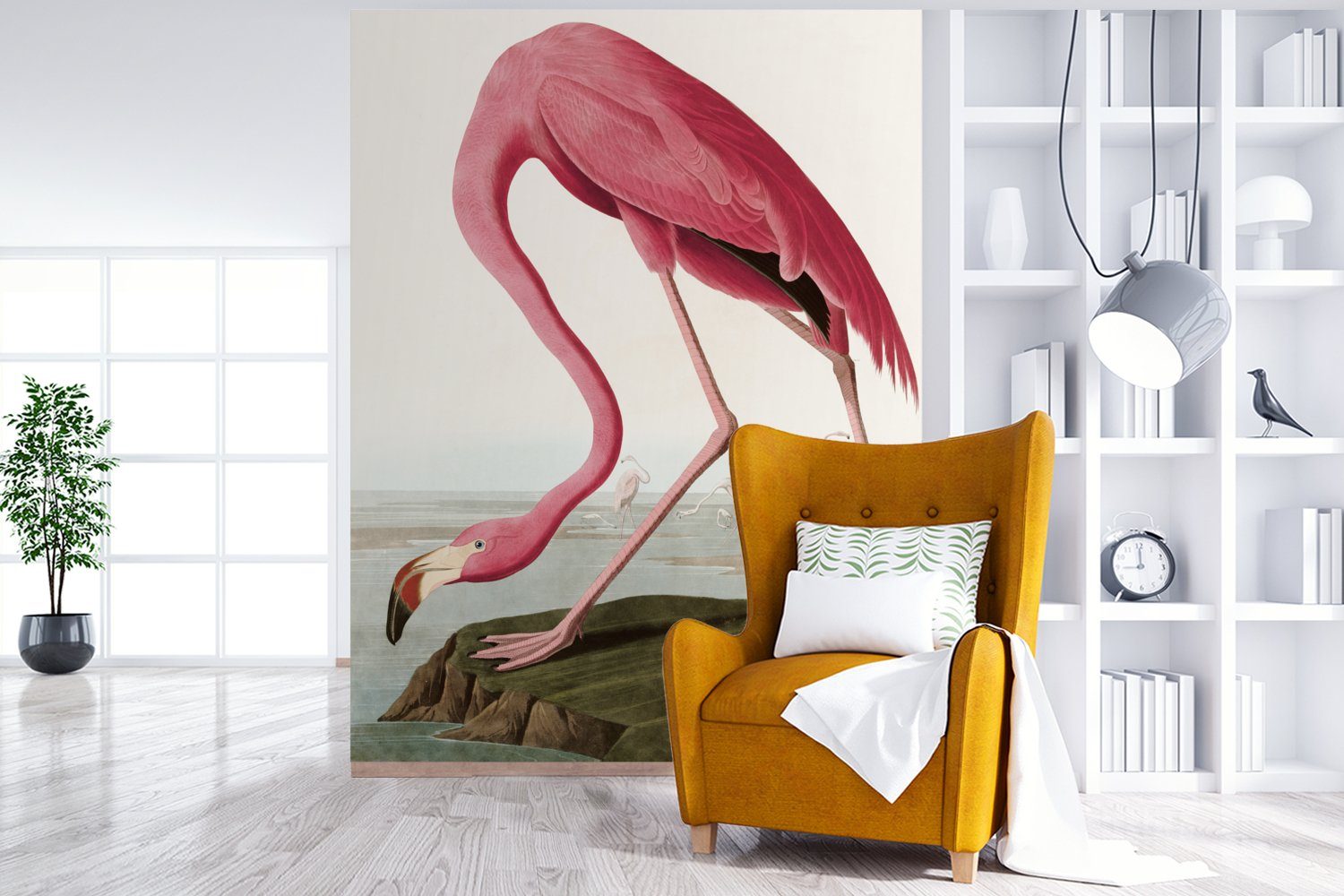 MuchoWow Fototapete Vinyl Tapete Matt, Wasser für St), - Wandtapete Wohnzimmer, - Vintage Montagefertig bedruckt, - Flamingo Vogel - (4 Rosa