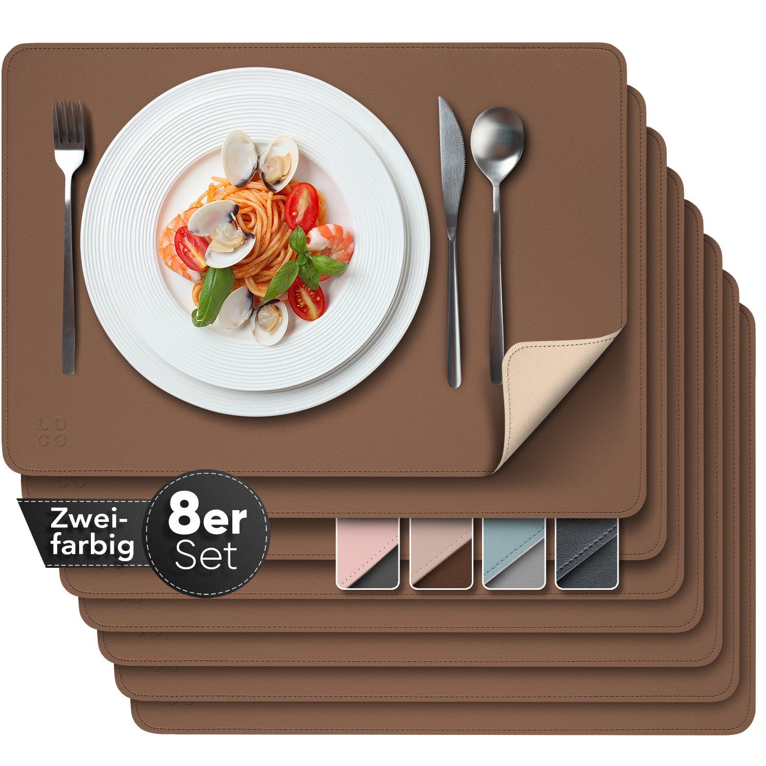 Loco Bird Platzset aus Kunstleder, 8er Set Zweifarbig, 43x30cm Lederoptik, abwischbare Platzdeckchen Kunstleder