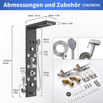 Eumaty Brausegarnitur Duschsystem Duschsäule Massagedusche, Regendusche, mit Handbrause, Höhe 116.5 cm, 6 Strahlart(en), Multifunktion Duschamaturenset 304 Edelstahl mit LED-Lichter, Duschpaneel Edelstahl mit Thermostat für Badezimmer Dusche