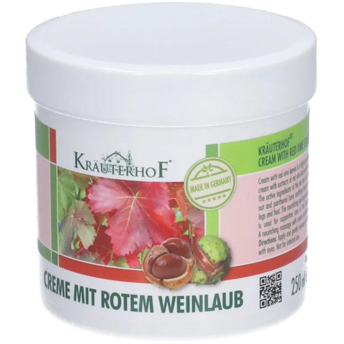 Kräuterhof Fußcreme KräuterhoF Creme mit rotem Weinlaub 250 ml Pflegecreme, Unterstützt die Venengesundheit, 1-tlg., Kühlt, erfrischt und vitalisiert