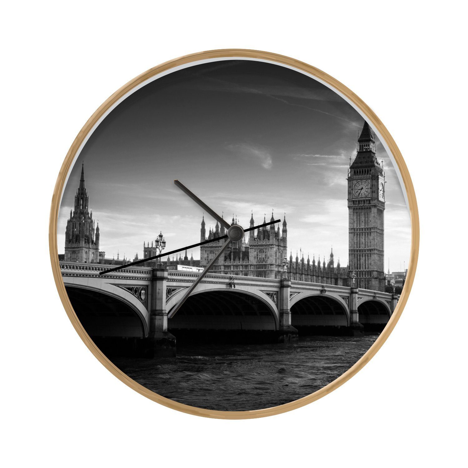 MuchoWow Wanduhr Big Ben von der Themse aus - schwarz und weiß (Uhrwerk,  Wohnzimmer, Küchenuhr, Wanddekoration, Modern, Holz)