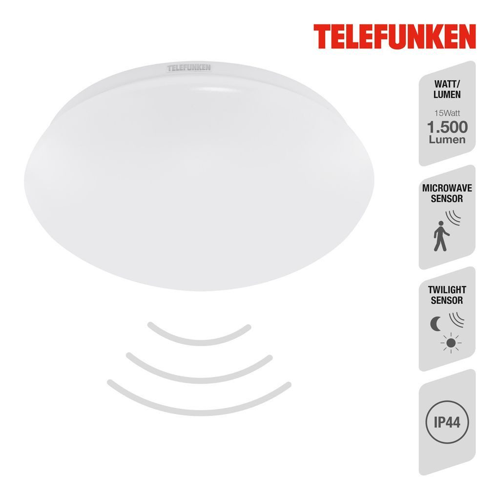 Telefunken LED Deckenleuchte 602006TF, Leuchtdauer einstellbar, LED fest integriert, 2700K - Extra-Warmweiß, Deckenleuchte Sensor 15W 1500lm 4000K Ø 28cm
