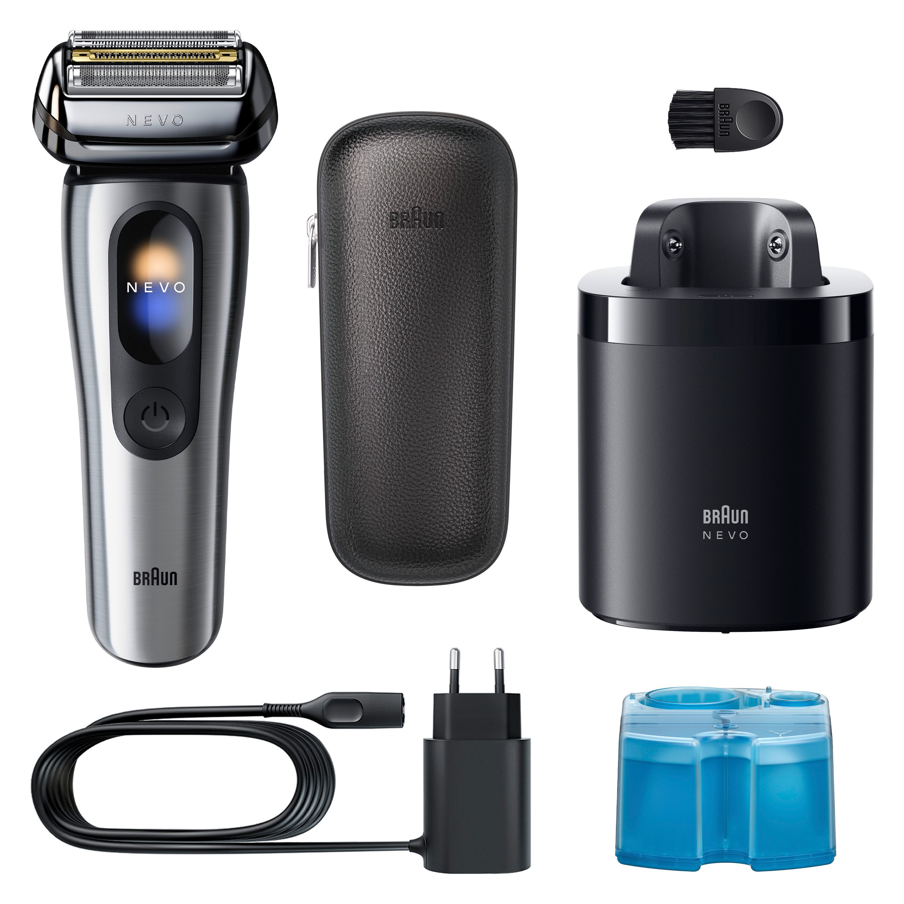 Braun Elektrorasierer NEVO 15000cc, SmartClean-Plus-Reinigungsstation, integrierter Präzisionstrimmer, AeroTouch, Smart Display, 7-in-1 Care System, Reiseetui, Silber