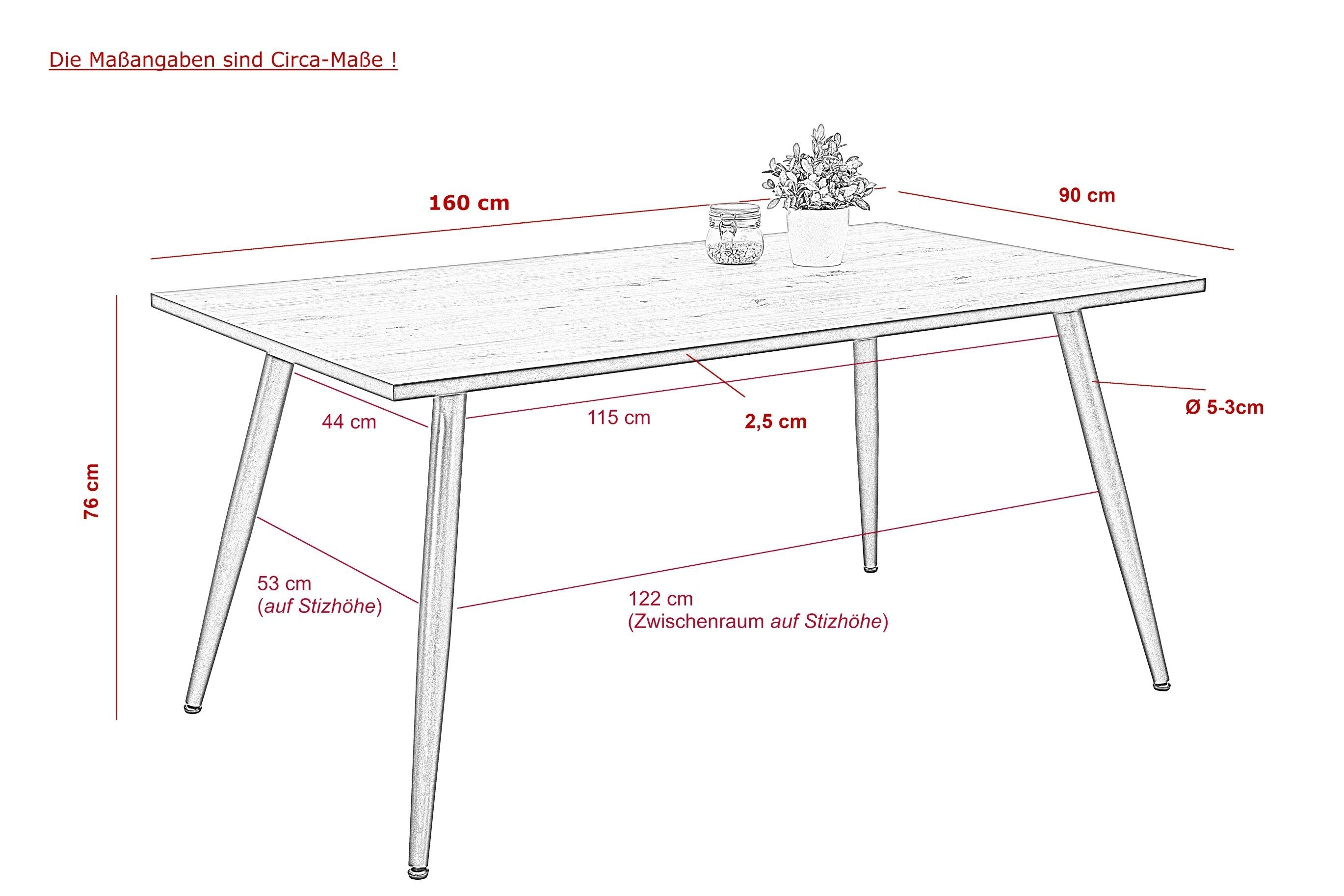 Eiche. möbelando Artisan Abmessungen Susi, in cm 160x76x90 (BxHxT) Esstisch