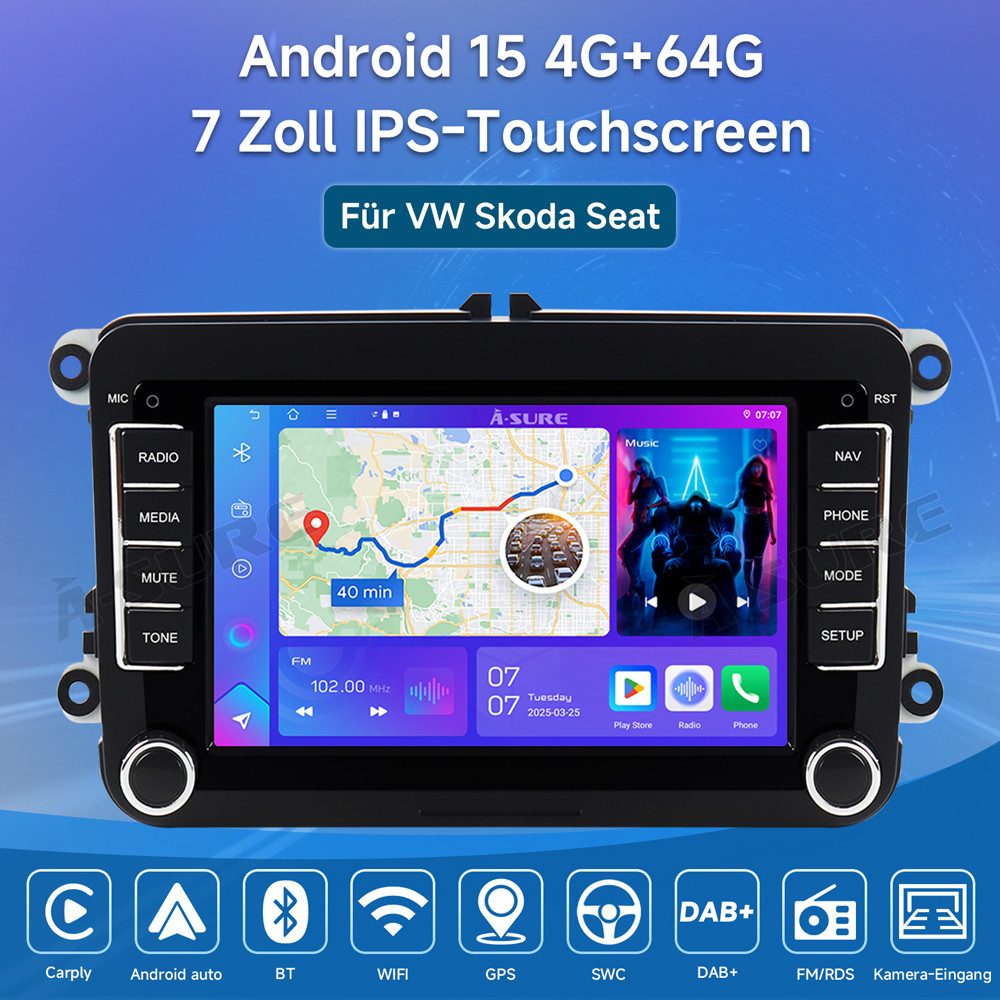 A-Sure Android 15 FM WIFI RDS CarPlay Für Seat Alhambra Altea XL Leon Toledo Autoradio (Digitalradio (DAB), Apple Carplay, GPS, Siri, Mirrorlink, Google play, Netflix, Youtube, Calendar, TikTok)