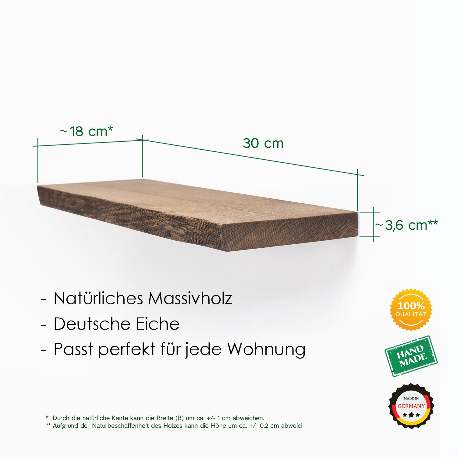 in Made Holz Eiche - LEO, Germany mit Wandregal Rikmani Baumkante Handgefertigtes massiv Dunkel Regal
