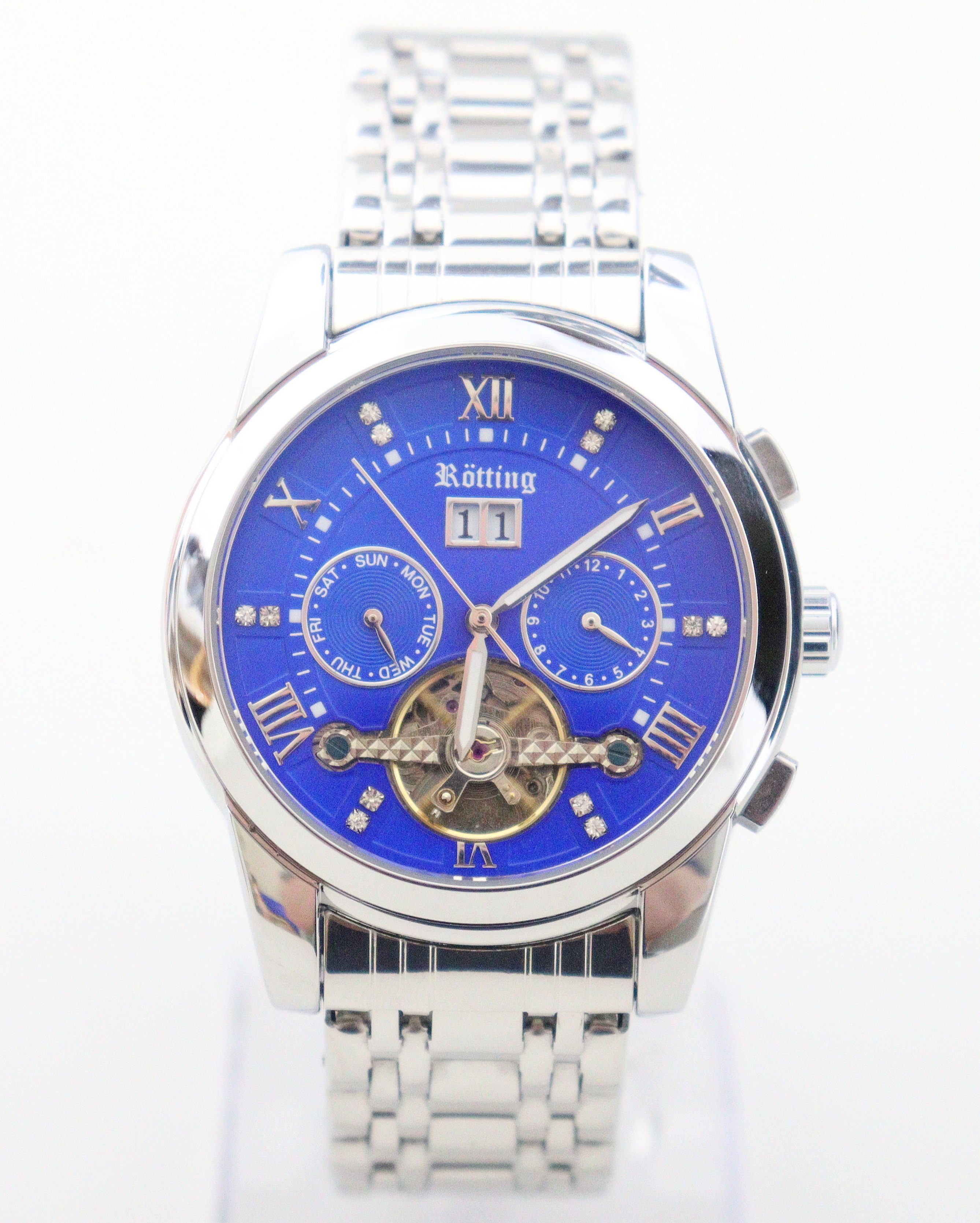 Rötting Design Automatikuhr Herrenuhr blaues Ziffernblatt DATUM Umfang 18 bis 24 cm wählbar, Automatik Armbanduhr