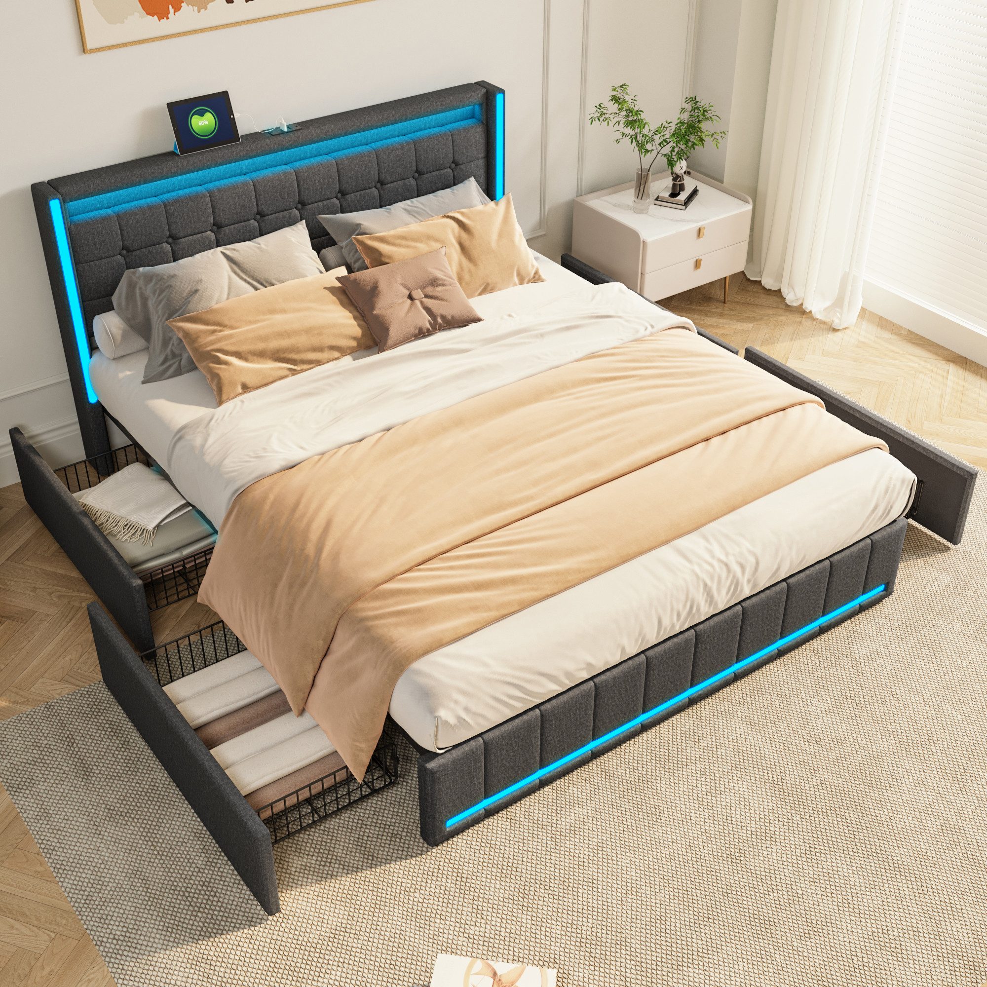 Furnishings Home Polsterbett Stauraumbett Doppelbett mit Ladefunktion + LED günstig online kaufen