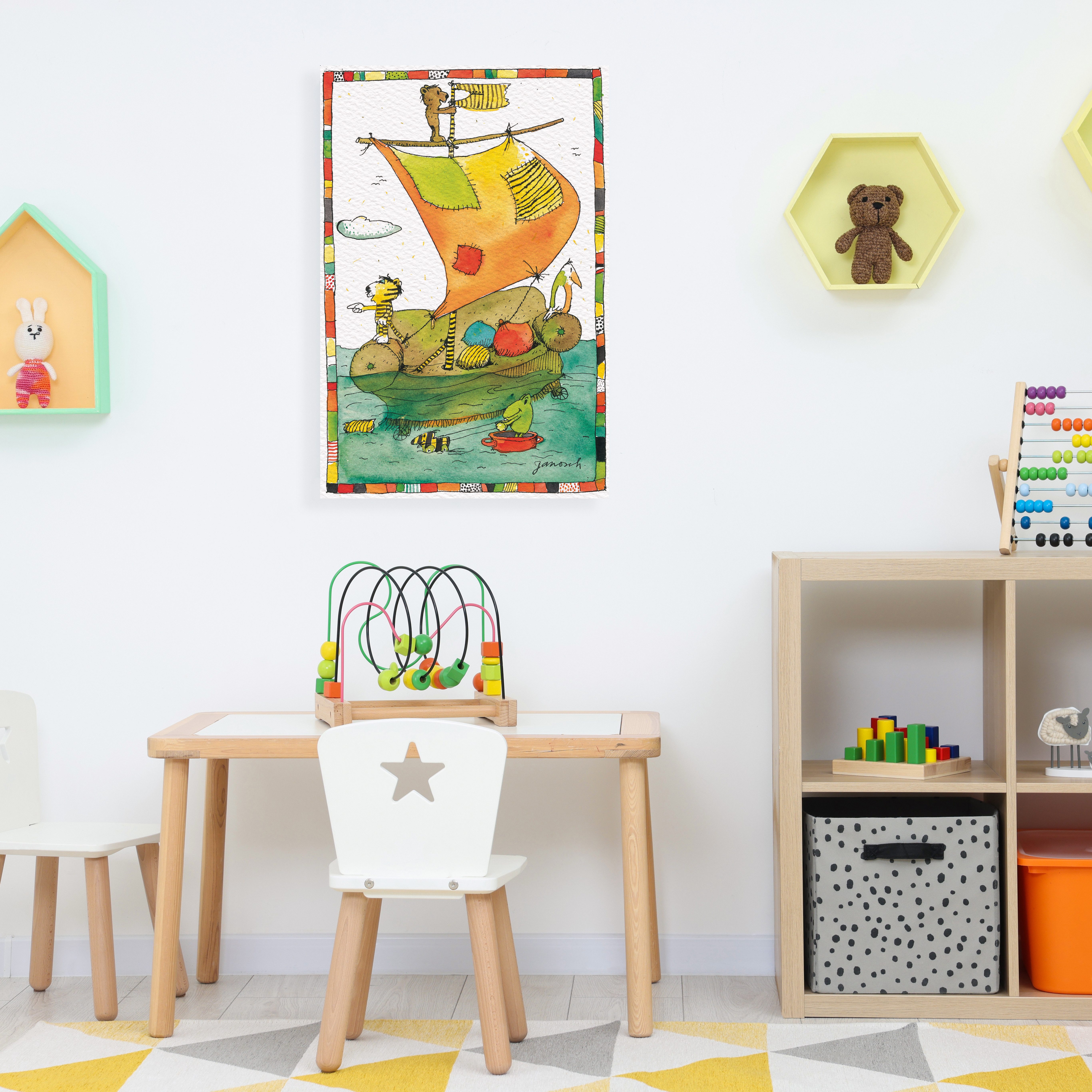 LuckyLinde Leinwandbild Der kleine Bär und der kleine Tiger auf dem Segelboot, Bär, Bären, Ente, Enten, Фигурки, Filmfiguren, Natur, Schiffe, Teddy, Tiere, Tiger, little star (1 St), Exklusive JANOSCH Kindermotive